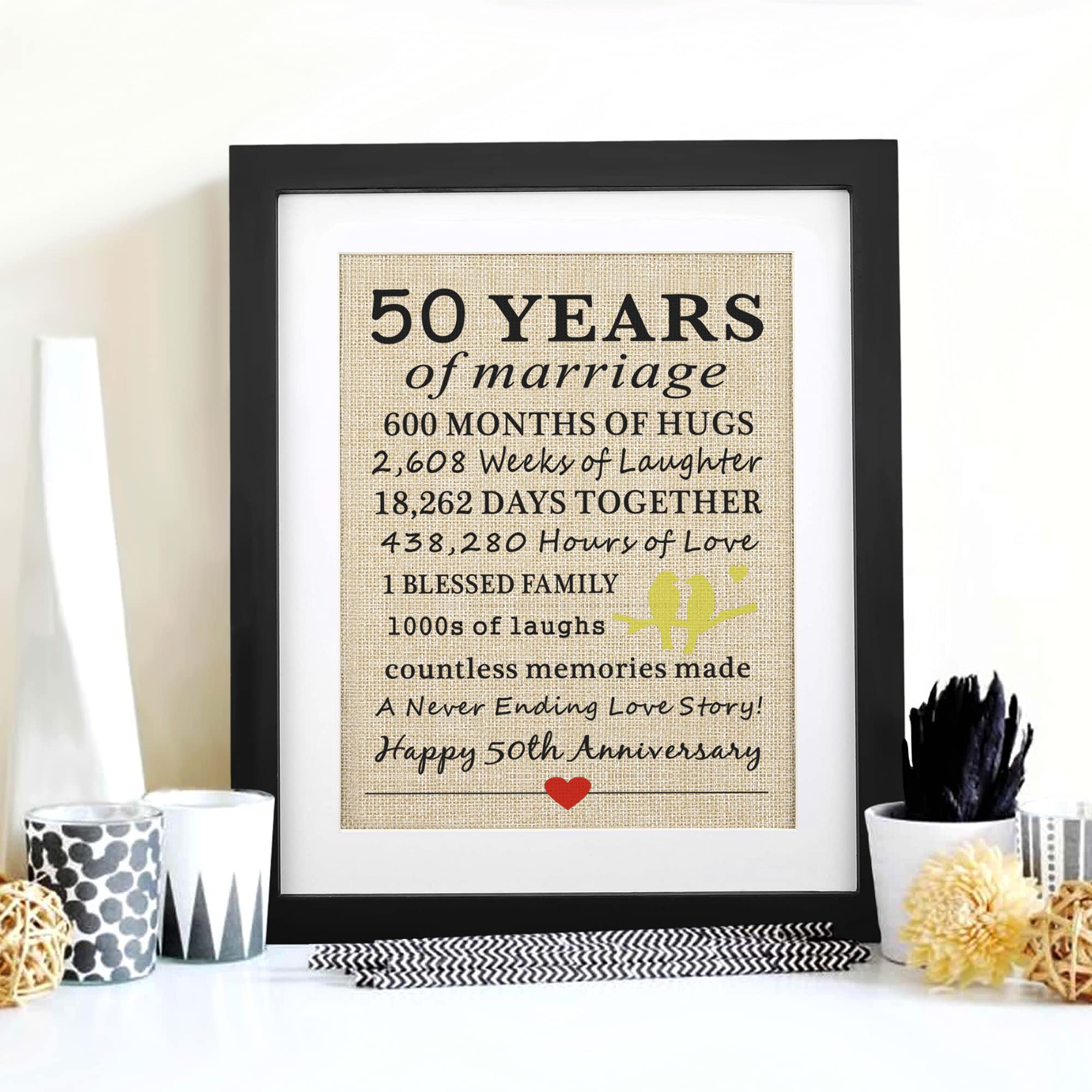 Corfara 50th Wedding Anniversary Burlap Print - Golden Anniversary Gift for Parents & Grandparents - Framed Decor for Couples' 50 Years of Marriage Celebration - Perfect for Home, Office & Anniversary Party Decorations