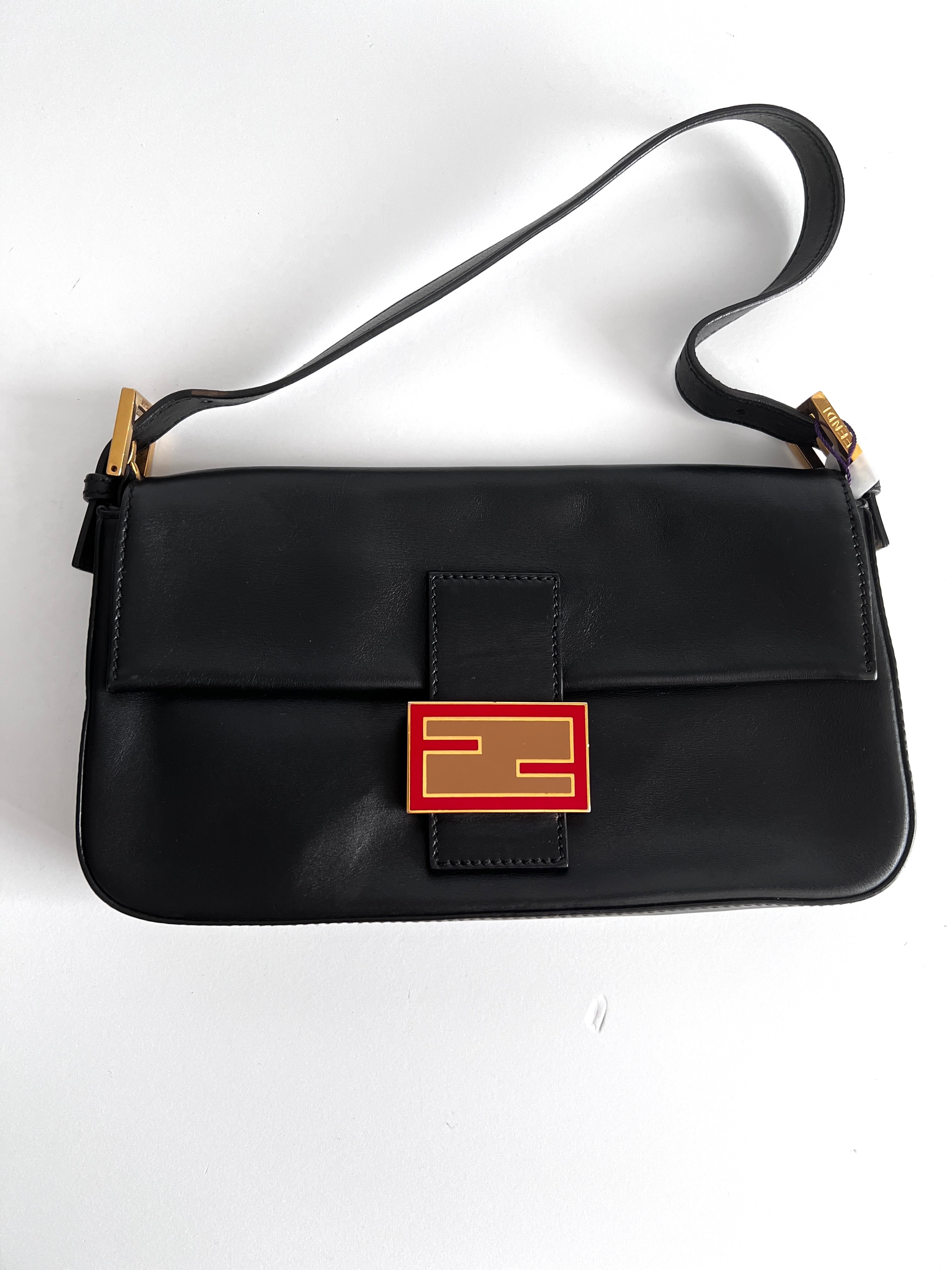 Fendi Black Leather Baguette Bag with Enamel Buckle - Stylish Shoulder Bag for Women, Perfect for Parties, Work & Everyday Use
