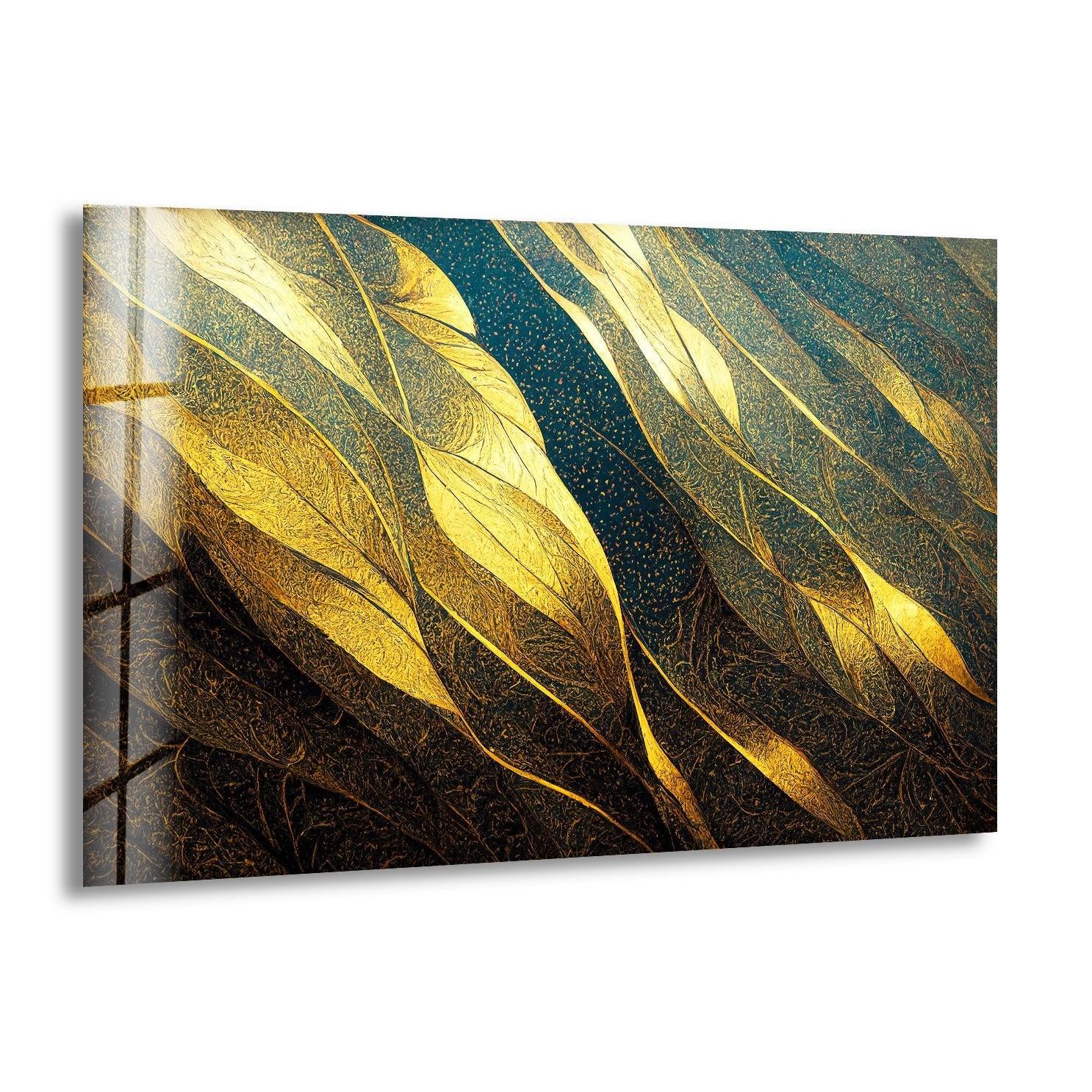 Abstract Decorative Golden Elegant Glass Wall Art - Modern Home Decor for Living Room, Bedroom & Office | Handcrafted Glass Panel for Stylish Interior Design