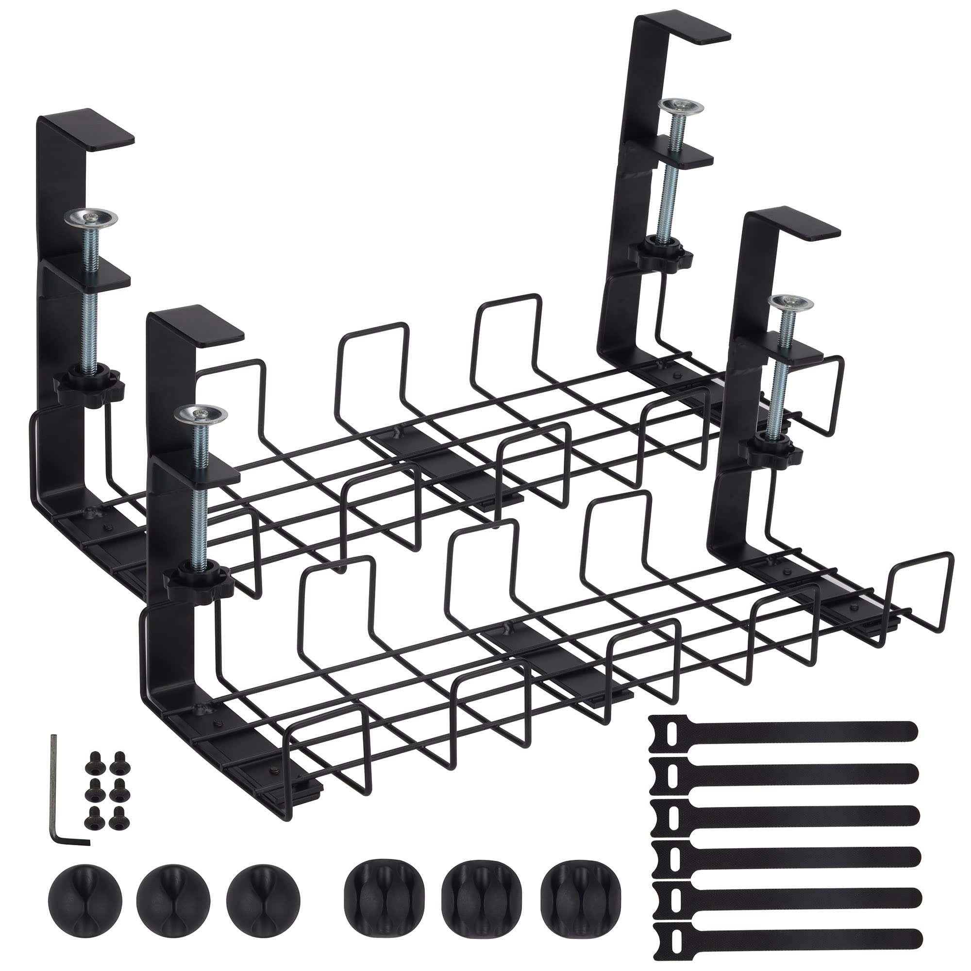 Under Desk Cable Management Tray - 2 Pack Metal Wire Organizer with Cord Holder & Velcro Ties for Office & Home Workspace - Keep Cables Neat Under Computer Desk (Black)