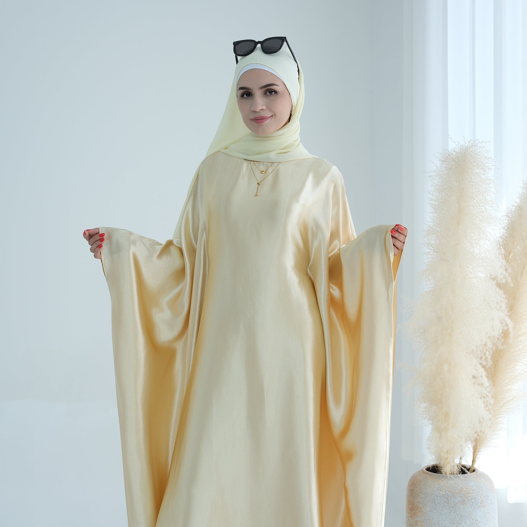 Elegant Alisha Butterfly Satin Abaya Dress - Yellow Gold Islamic Prayer Gown for Women | Perfect for Eid, Ramadan, Wedding & Special Occasions