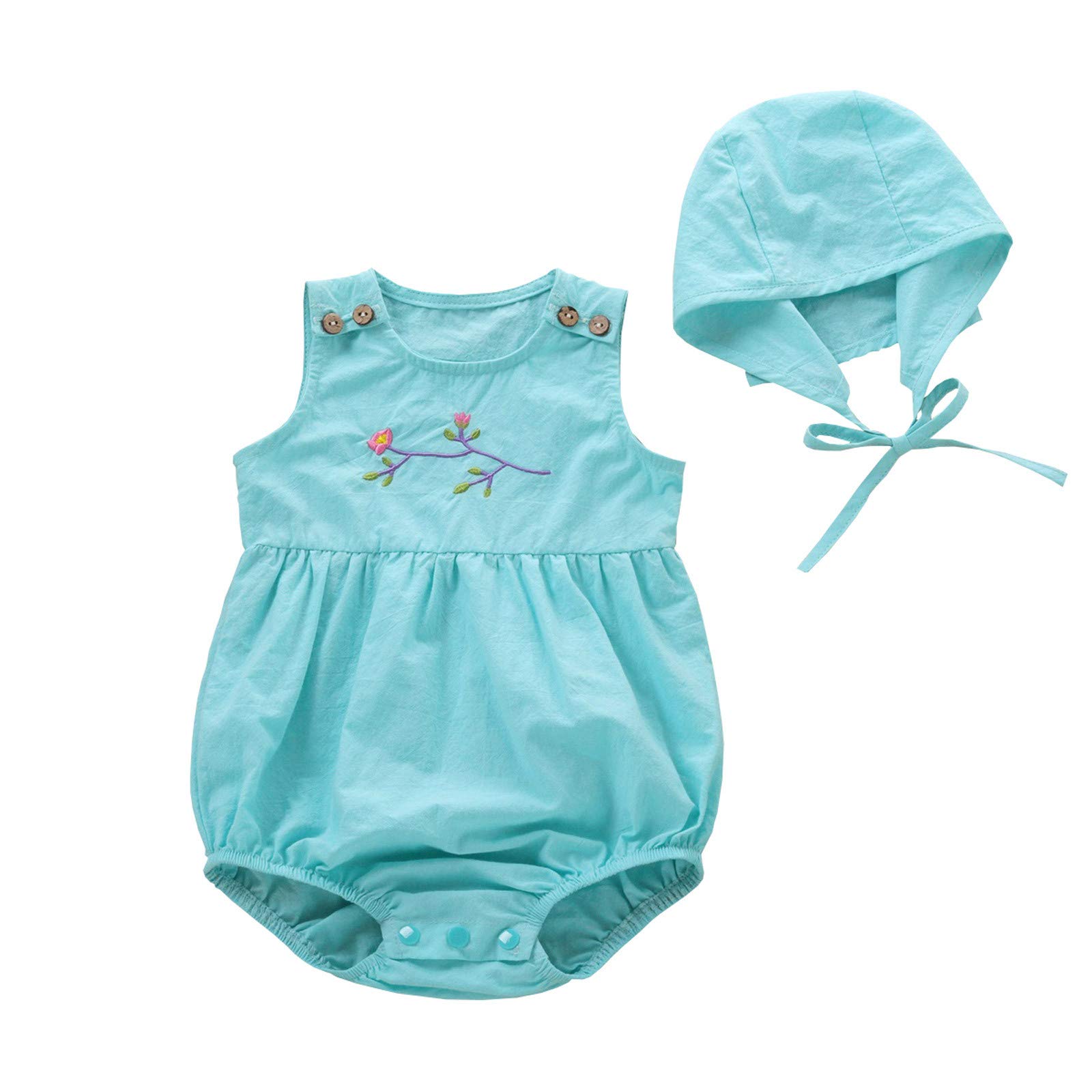 Baby Girls & Boys Summer Romper Outfits - Newborn Infant Embroidered Print Bodysuit + Hat Set | Perfect for Beach, Park & Family Photos
