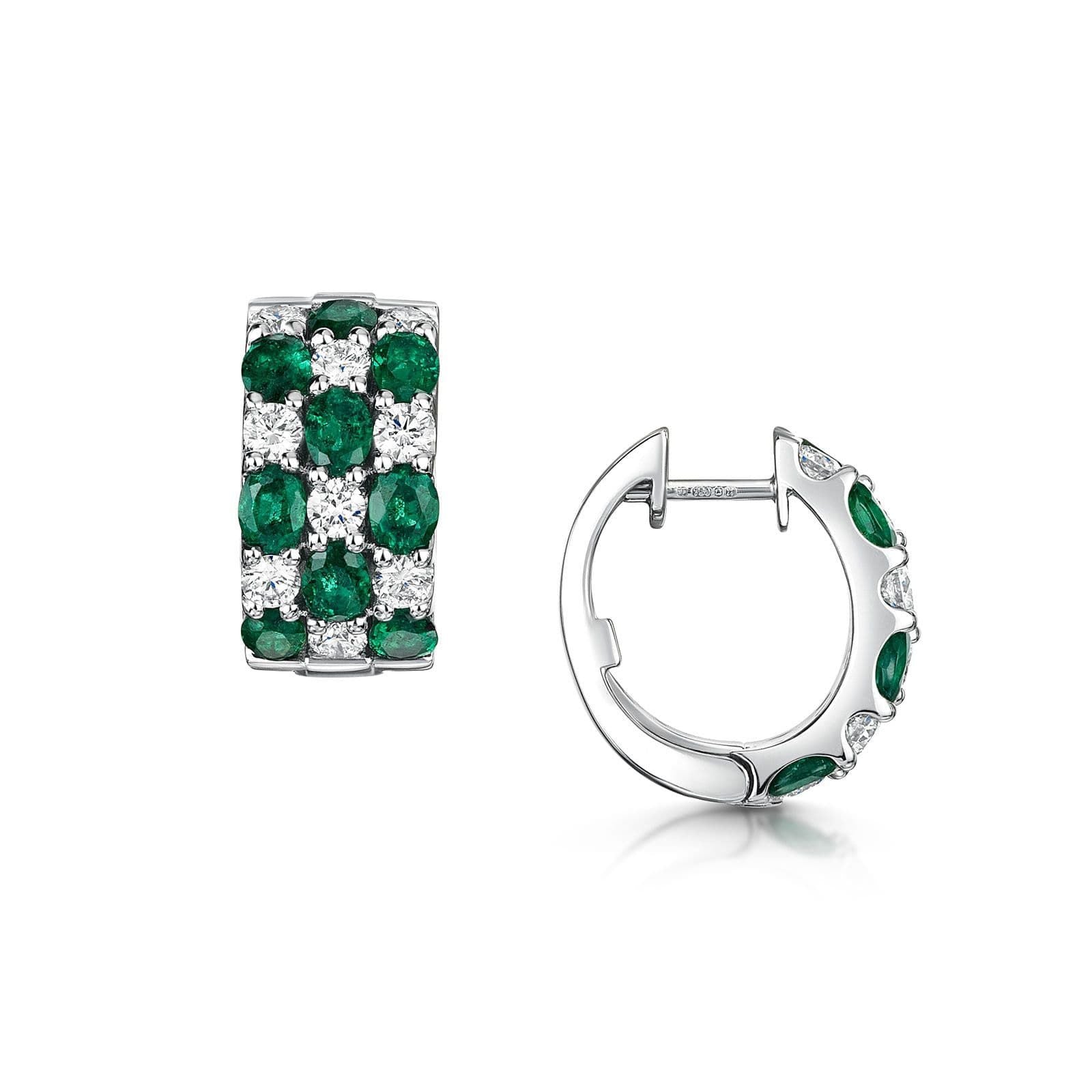 18ct White Gold Oval Cut Emerald & Brilliant Cut Diamond Triple Row Hoop Earrings 3.85ct - Luxury Wedding Jewelry & Evening Party Accessories for Women