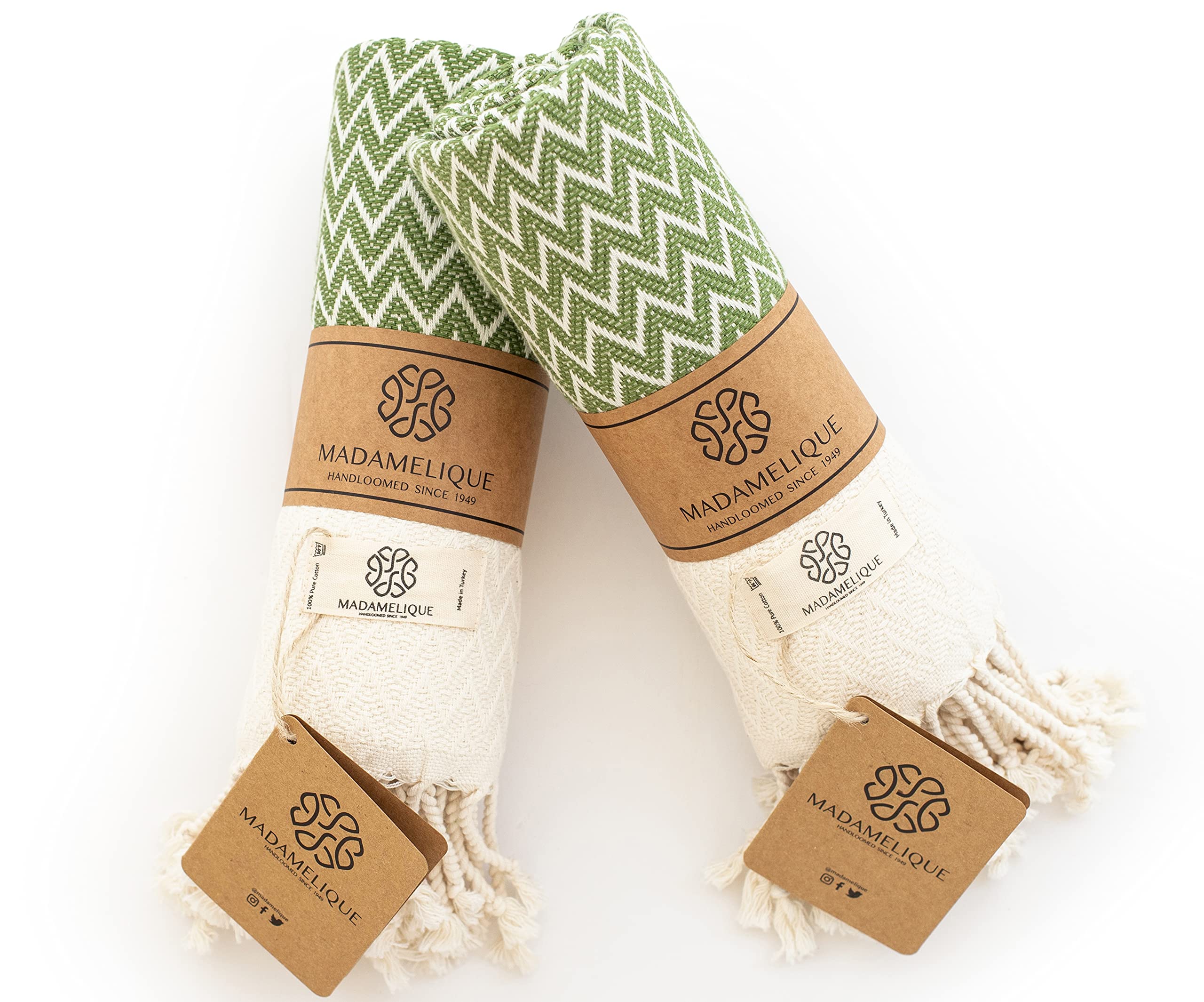 Madamelique Exclusive 100% Cotton Hand Towels Set of 2 (18x40 Inches) - Soft Absorbent Peshtemal Bath Towels for Bathroom, Kitchen, Yoga & Spa - Olive Green Decorative Turkish Towels for Hand, Face, Hair & Dish Drying - Perfect for Home, Travel & Gift Giving