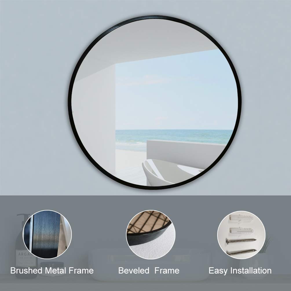 Deby 24 Inch Round Wall Mirror with Brushed Metal Frame - Black Circle Mirror for Bathroom, Entryway & Dining Room Decor | Perfect Makeup Mirror & Home Decoration Accent