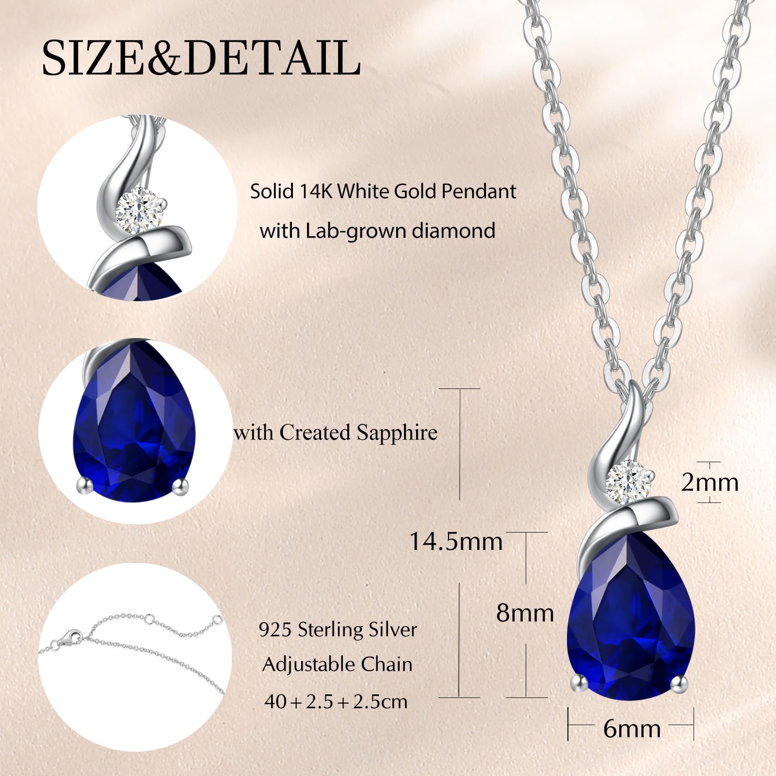 14K Solid White Gold Birthstone Pendant Necklace for Women | Diamond Pear Shaped Teardrop Necklace | Birthday Gift for Mom | Sterling Silver Chain 16