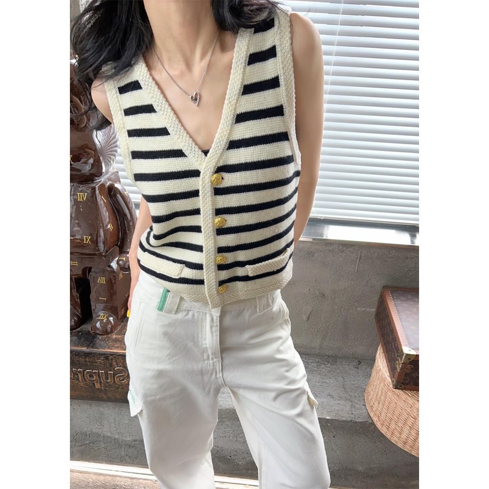 Women's Old Money Aesthetic Cropped Knit Sweater Vest - Striped V-Neck Tank Top for Women | Perfect for Layering, Office Wear & Vintage Fashion Outfits