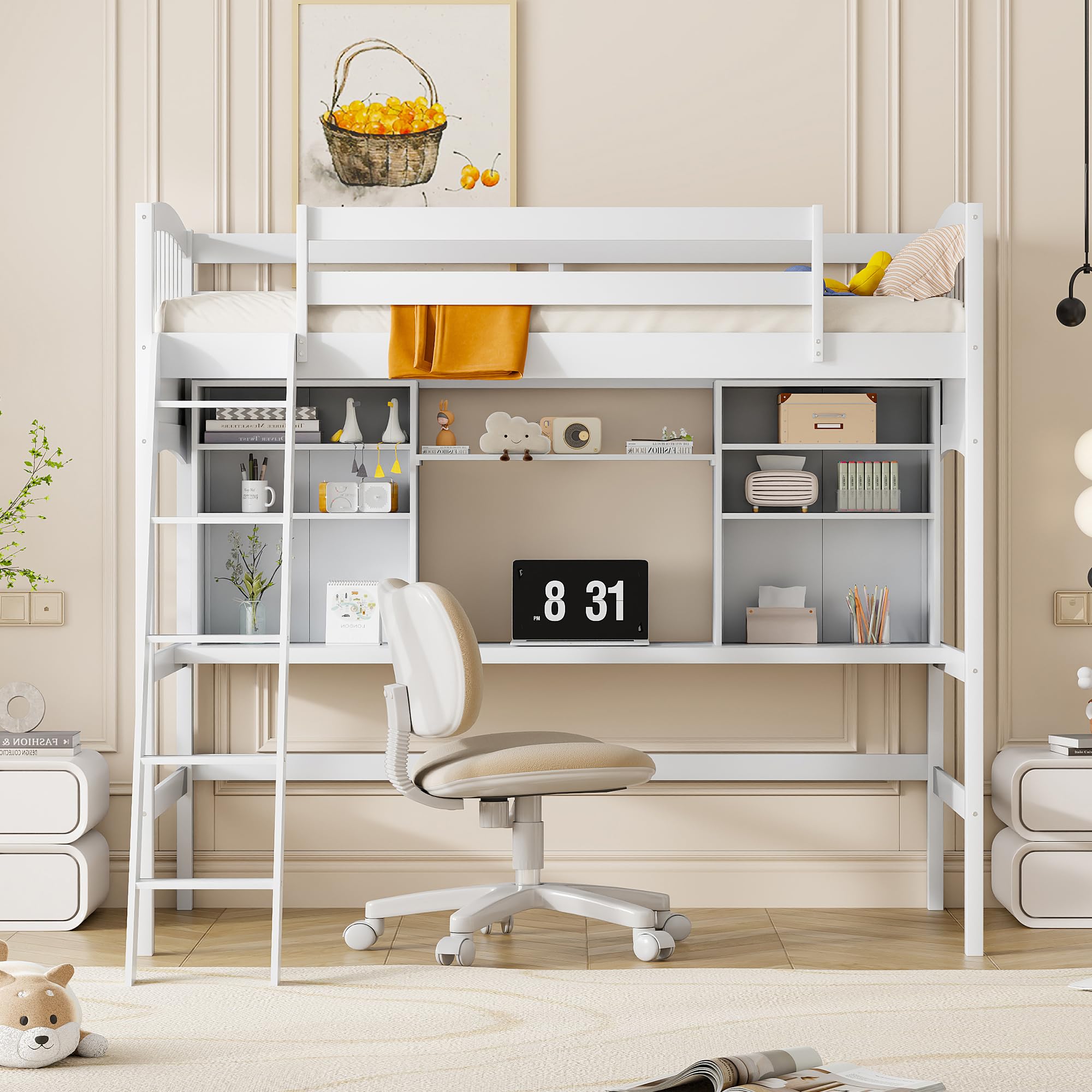 Merax Twin Loft Bed with Desk - Solid Wood Twin Size Loft Bed Frame with Shelves in White | Space-Saving Kids Bedroom Furniture for Small Rooms & Dorm Organization