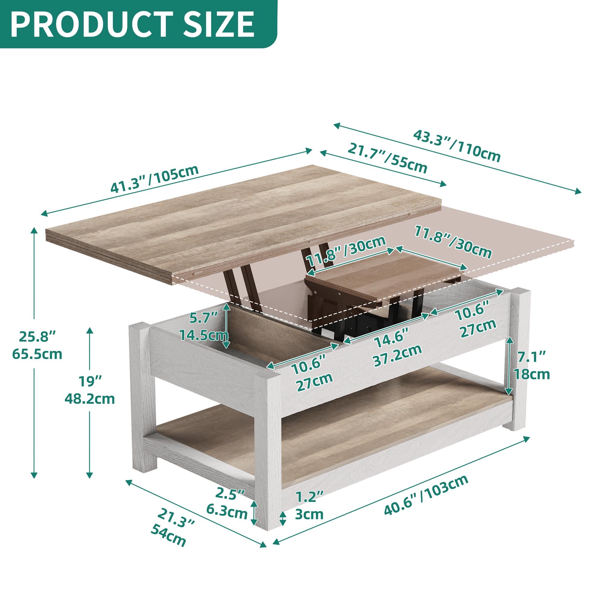 YITAHOME 3-in-1 Lift Top Coffee Table with Storage - Convertible Farmhouse Style Dining Table & Home Office Desk - Grey Wash Finish for Living Room, Reception Area & Small Spaces