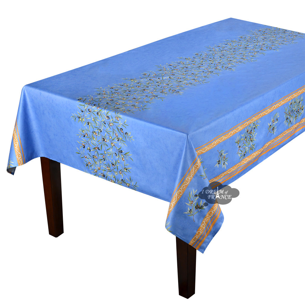 60x120 Inch Rectangular Clos des Oliviers Blue Acrylic Coated Double Border Cotton Tablecloth - Premium French Table Linen for Dining, Parties & Home Decor