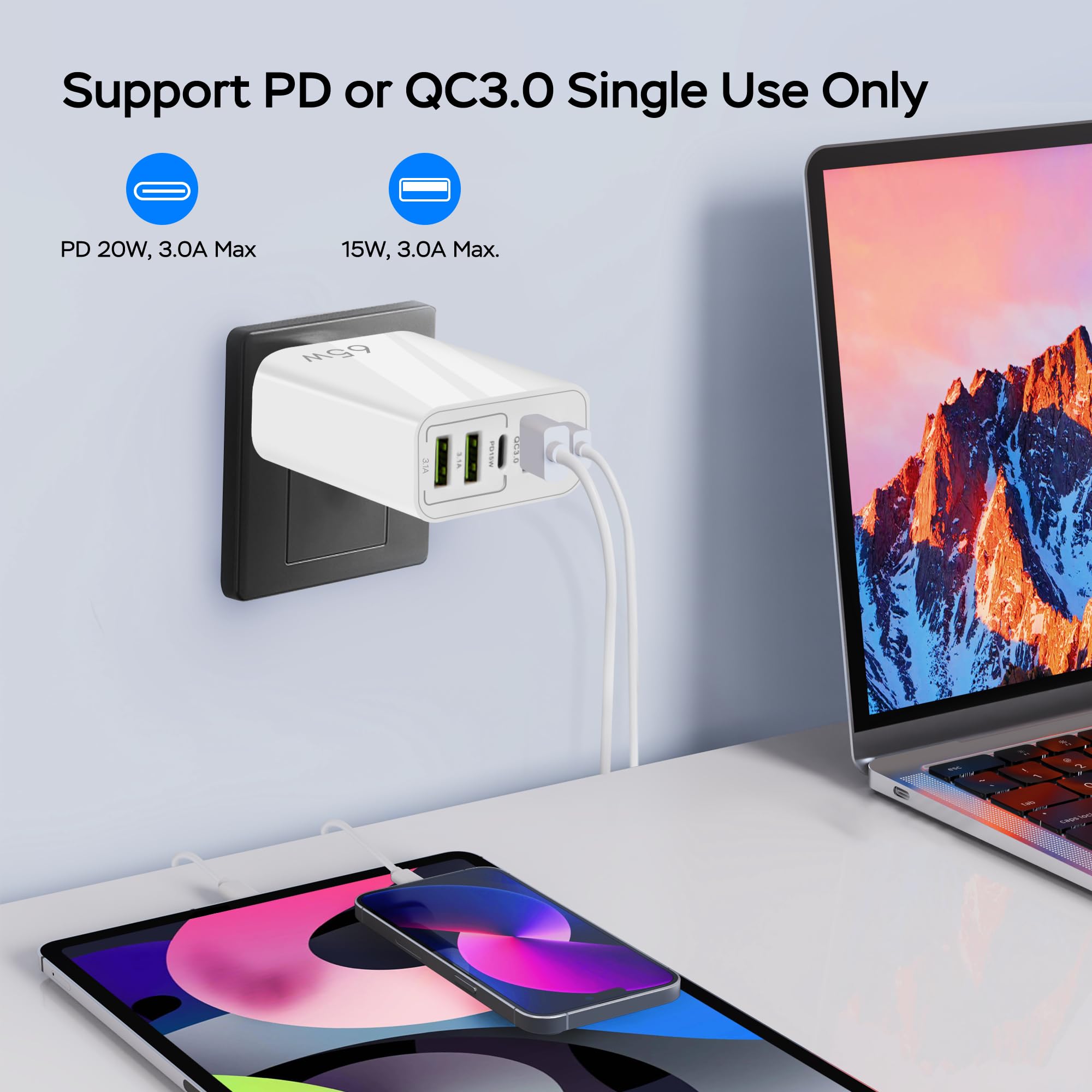 6.6A Fast Charger 2 Pack with 5 Ports (2 USB-C & 3 USB-A) - PD20W & QC3.0 Quick Charge EU Plug for iPhone 15/14/13/12/11 Pro Max/XS/XR/X/SE/8 Plus & Samsung S22/S21/A13 - Perfect for Travel, Home & Office Use