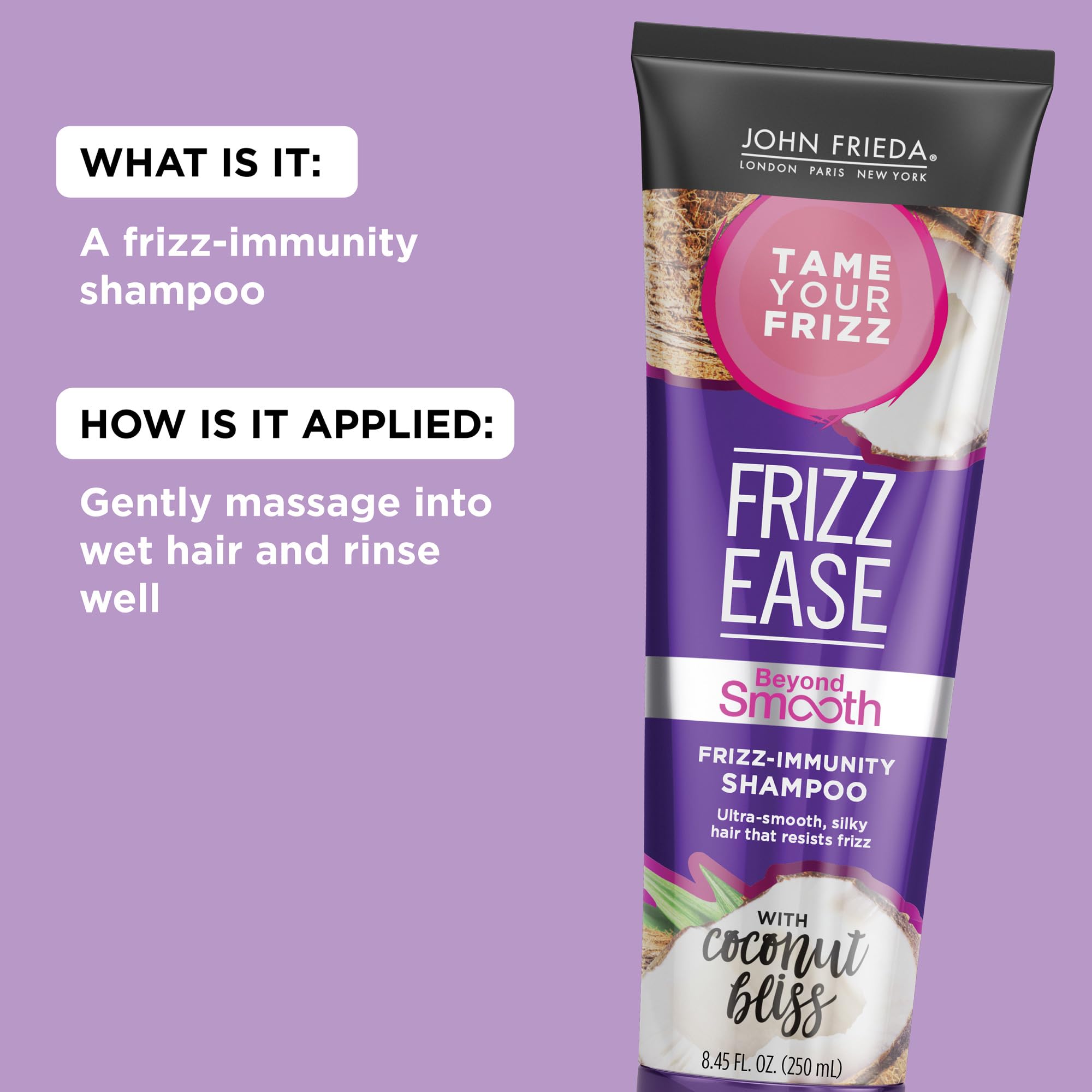 John Frieda Frizz-Immunity Shampoo with Pure Coconut Oil - Frizz Control & Humidity Protection for Smooth Hair, 8.45 oz | Daily Hydration for Curly, Wavy & Straight Hair at Home or Salon