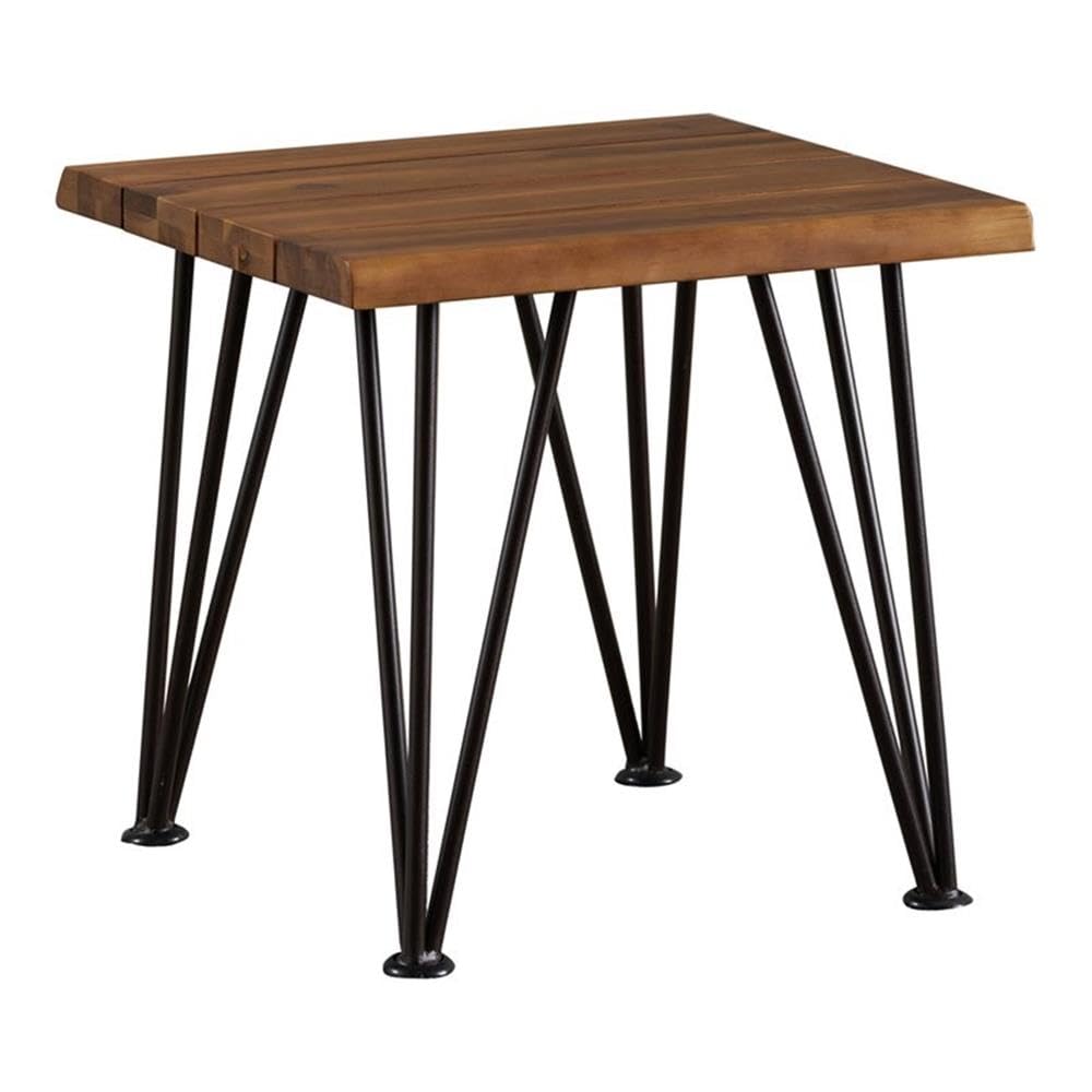 Noble House Zion Iron and Acacia Wood Outdoor Side Table - Natural Finish Patio End Table for Garden, Poolside & Deck Decor
