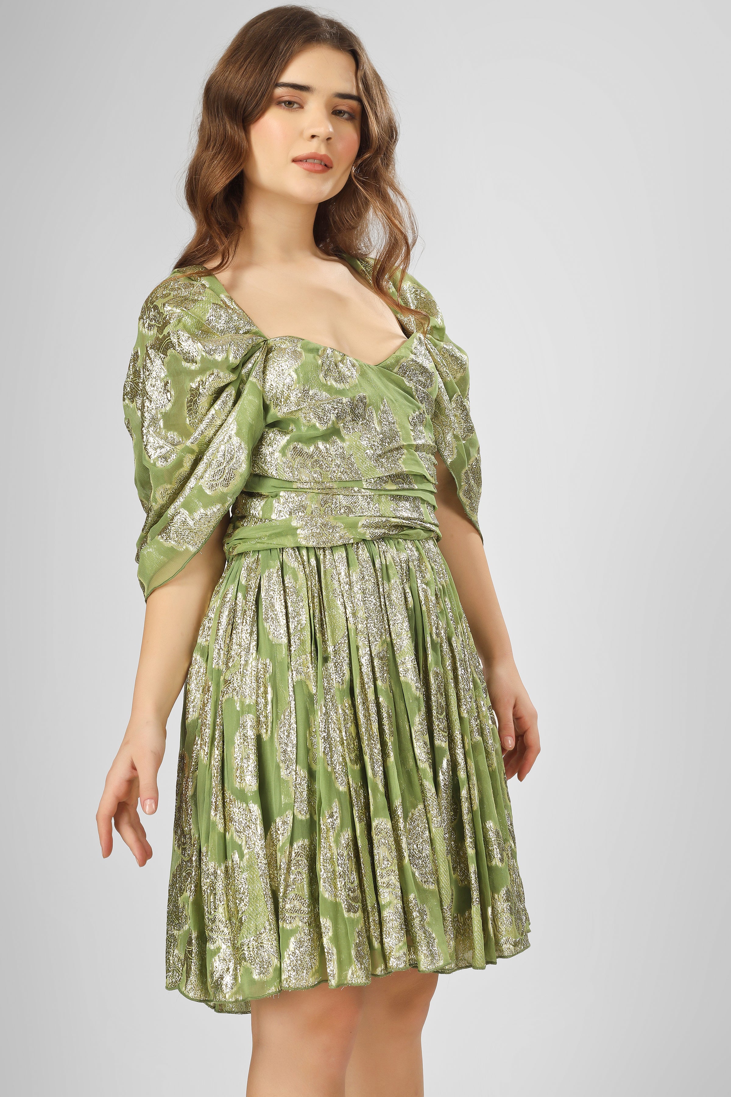 Sydney Metallic Printed Mini Dress in Olive Green - Women's Fashion Party Cocktail Dress for Night Out, Date Night, and Special Occasions