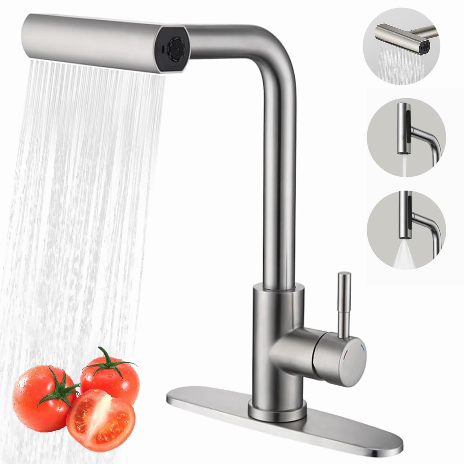 YUUTY Modern Brushed Nickel Kitchen Faucet with Pull Down Sprayer - 360° Swivel Single Handle Waterfall Sink Faucet for 1 or 3 Hole Installation (4 Function Spray Modes) - Perfect for Home Kitchen Renovation & Daily Cooking Tasks