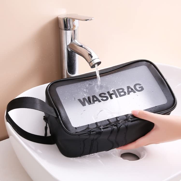 Luxula Clear PVC Zipper Cosmetic Travel Bag with Hook - Waterproof Makeup Pouch & Toiletry Organizer for Women & Kids - Portable Wash Case for Bathroom, Gym, Camping (Medium, Black)