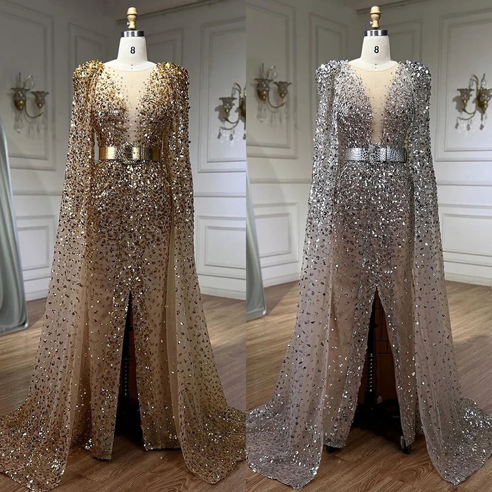 Serene Hill Nude Mermaid Evening Gown with Luxury Cape Sleeves - Beaded Elegant Backless Dress for Women's Party 2025 LA71561 | Perfect for Prom, Gala, Red Carpet & Formal Events