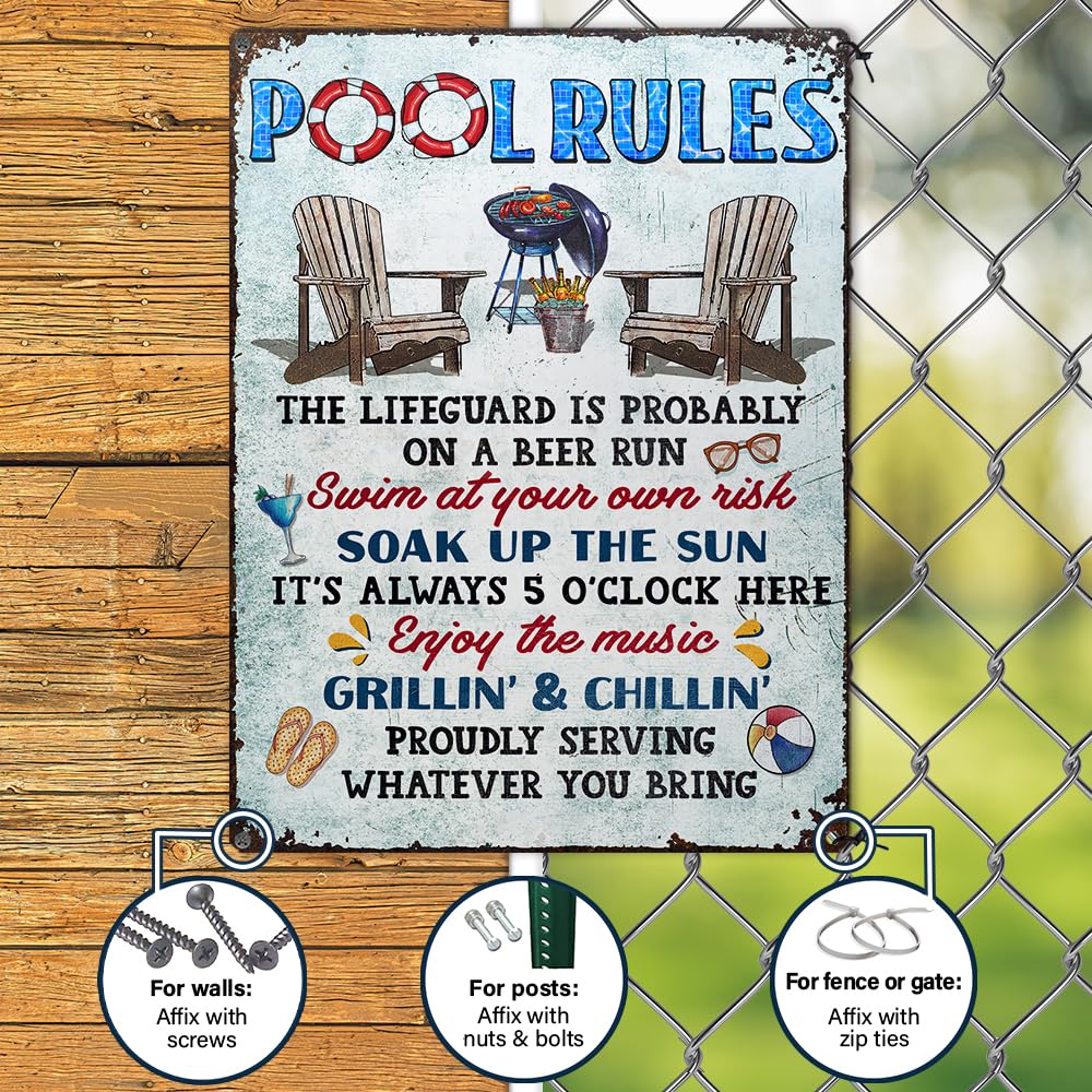 Wander Prints Family Gifts - Classic Metal Pool Rules Sign for Backyard, Patio & Garden Decor | Durable Tin Sign for Swimming Pool, BBQ Grill Area & Outdoor Spaces | Perfect Housewarming Gift for Pool Owners