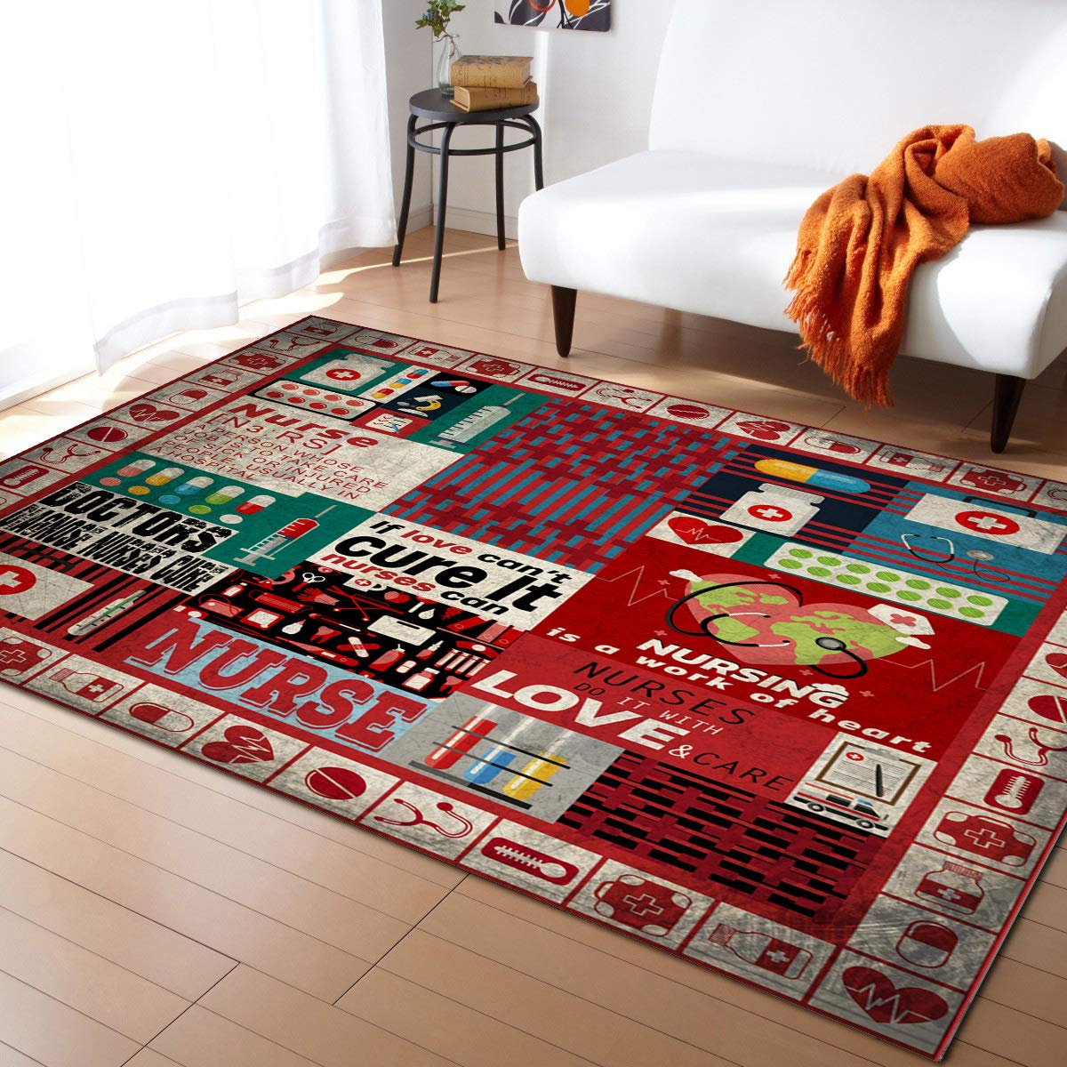 LBDecor 4x6ft Vintage Nurse Themed Non-Slip Area Rug - Plaid Check Design for Living Room, Bedroom, Hallway & Nursery | Indoor/Outdoor Home Décor Rug