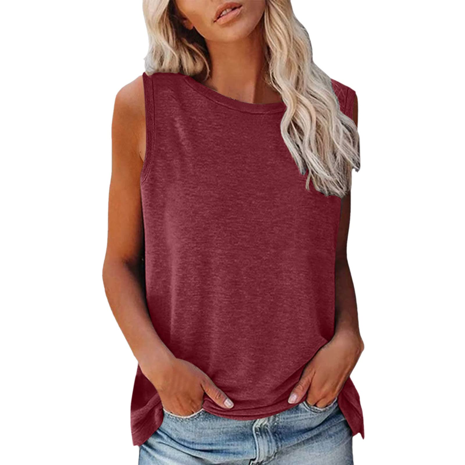 Women's Sleeveless Sunflower Print Tank Top - Casual O-Neck Blouse for Summer | Wine Red XXL | Perfect for Beach Outings, Yoga & Casual Wear