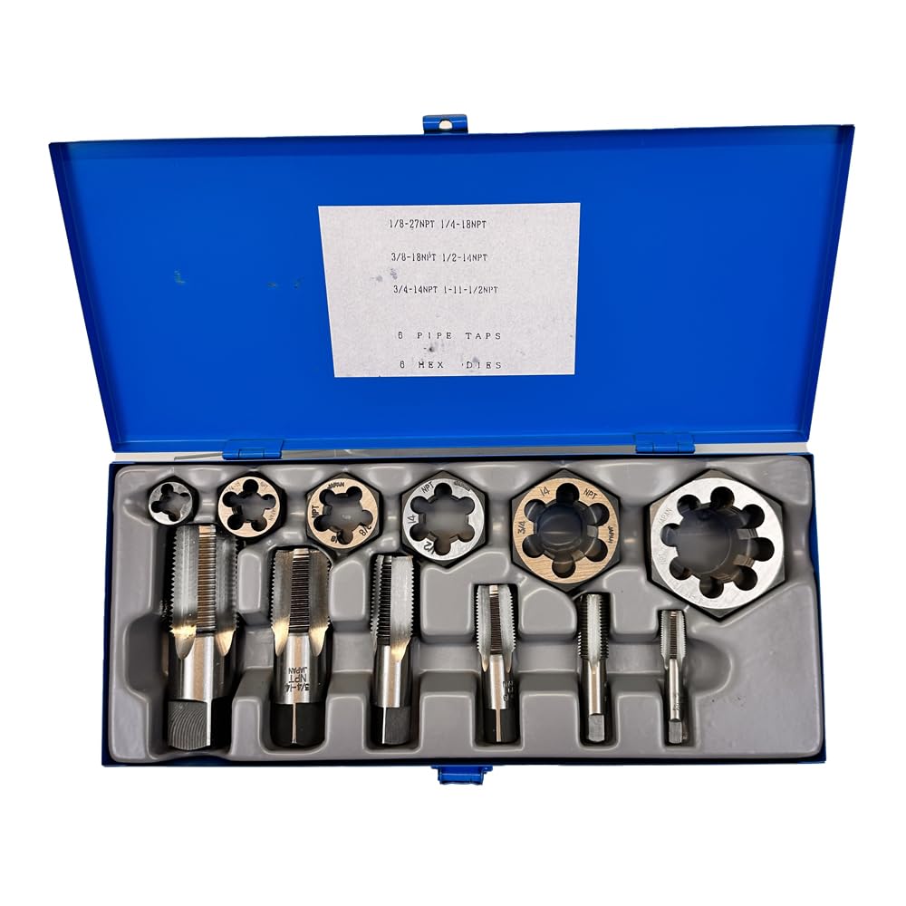 Alfa Tools TDS66012NPT 12-Piece Carbon Steel NPT Tap and Die Set for Pipe Threading - Perfect for Plumbing, HVAC, and Industrial Pipe Repair Projects