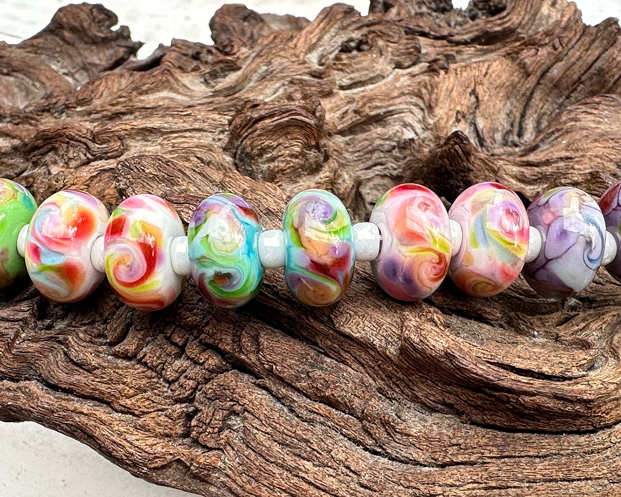 18 Sunrise Pastel Swirls Lampwork Glass Beads Set for Jewelry Making - DIY Bracelets, Necklaces & Craft Projects (SRA)