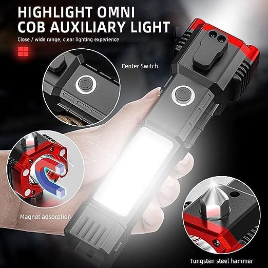 GIROUD Rechargeable LED Flashlight with Long-Distance Beam, Power Bank, Hammer & Magnets - 4 Modes for Car, Camping, Hiking & Emergency Use (Includes Window Glass & Seat Belt Cutter)