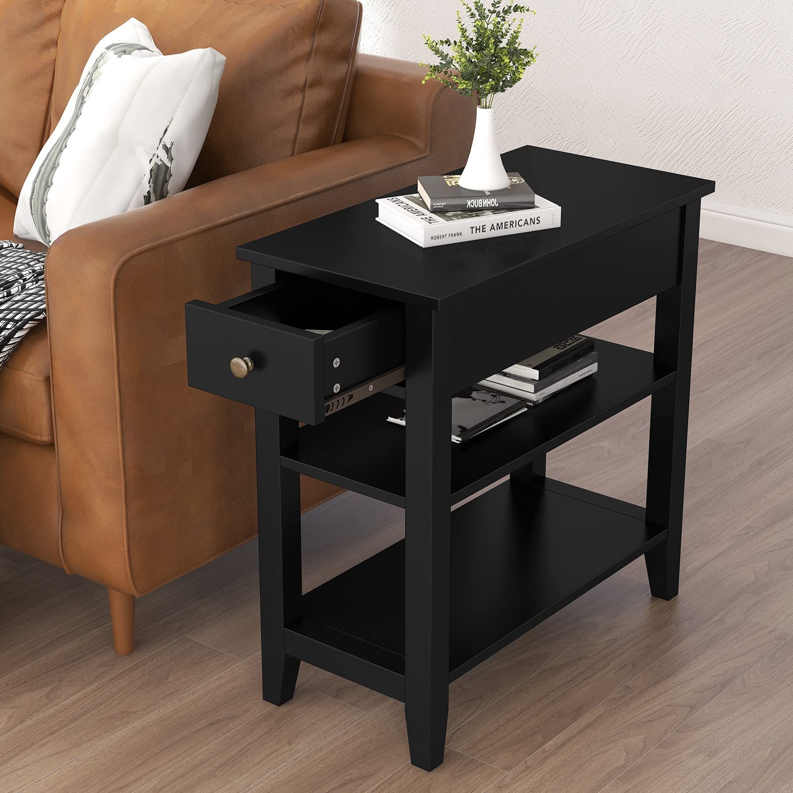 ChooChoo Narrow 3-Tier End Table with Drawer and Shelf - Small Space Sofa Side Table for Living Room, Bedroom, or Office - Black Modern Accent Furniture