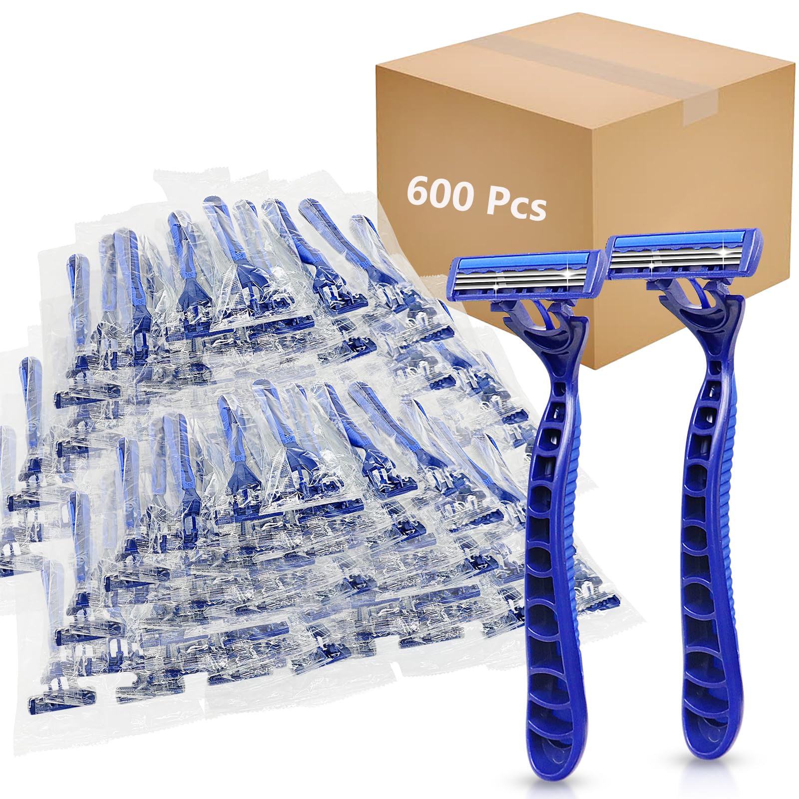 600 Count Kheoxusa 3-Blade Disposable Razors - Individually Wrapped Triple Blade Shavers for Men & Women - Perfect for Travel, Airbnb, Tattoo Aftercare, Hotels, Gyms, and Emergency Kits (Dark Blue)