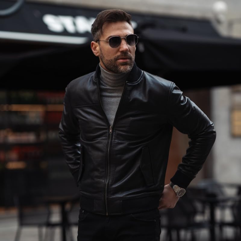 Men's Black Leather Varsity Bomber Jacket - Classic Biker Style Motorcycle Jacket for Casual Wear & Night Out | Perfect for Fall & Winter Fashion