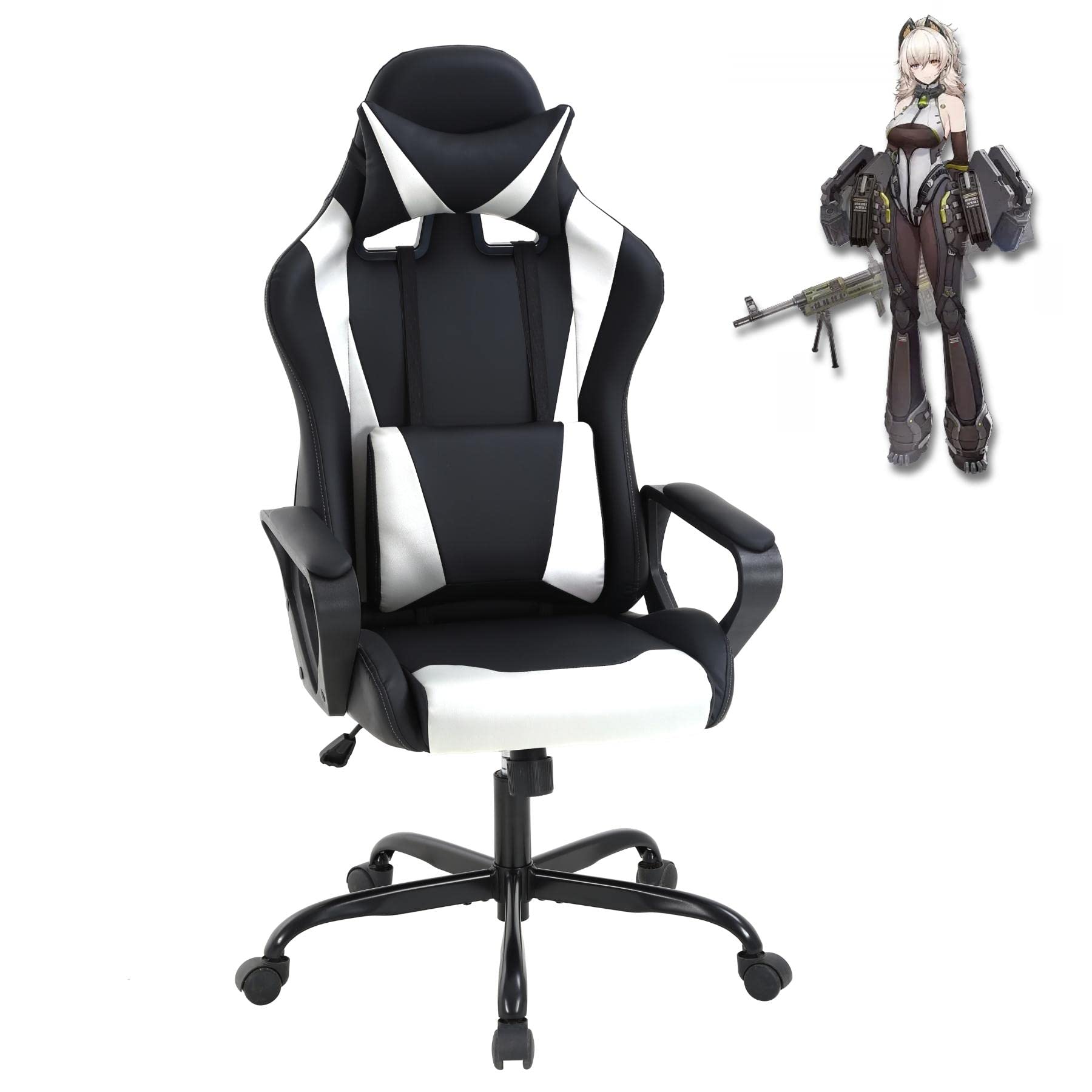 Premium High Back Ergonomic Gaming Chair - Heavy Duty Racing Office Chair with Lumbar Support & Massage Function, Adjustable Swivel PC Video Game Chair with Headrest & Armrests - White - Perfect for Esports, Streaming & Home Office Workspace