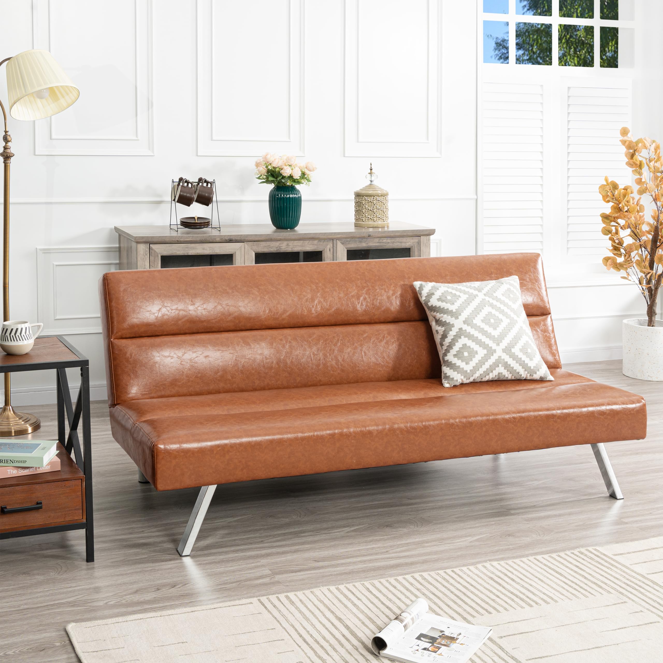Naomi Home Caramel Leather Futon Sofa Bed - Convertible Sleeper for Small Spaces, Living Room & Guest Room - Genuine Leather Modern Furniture
