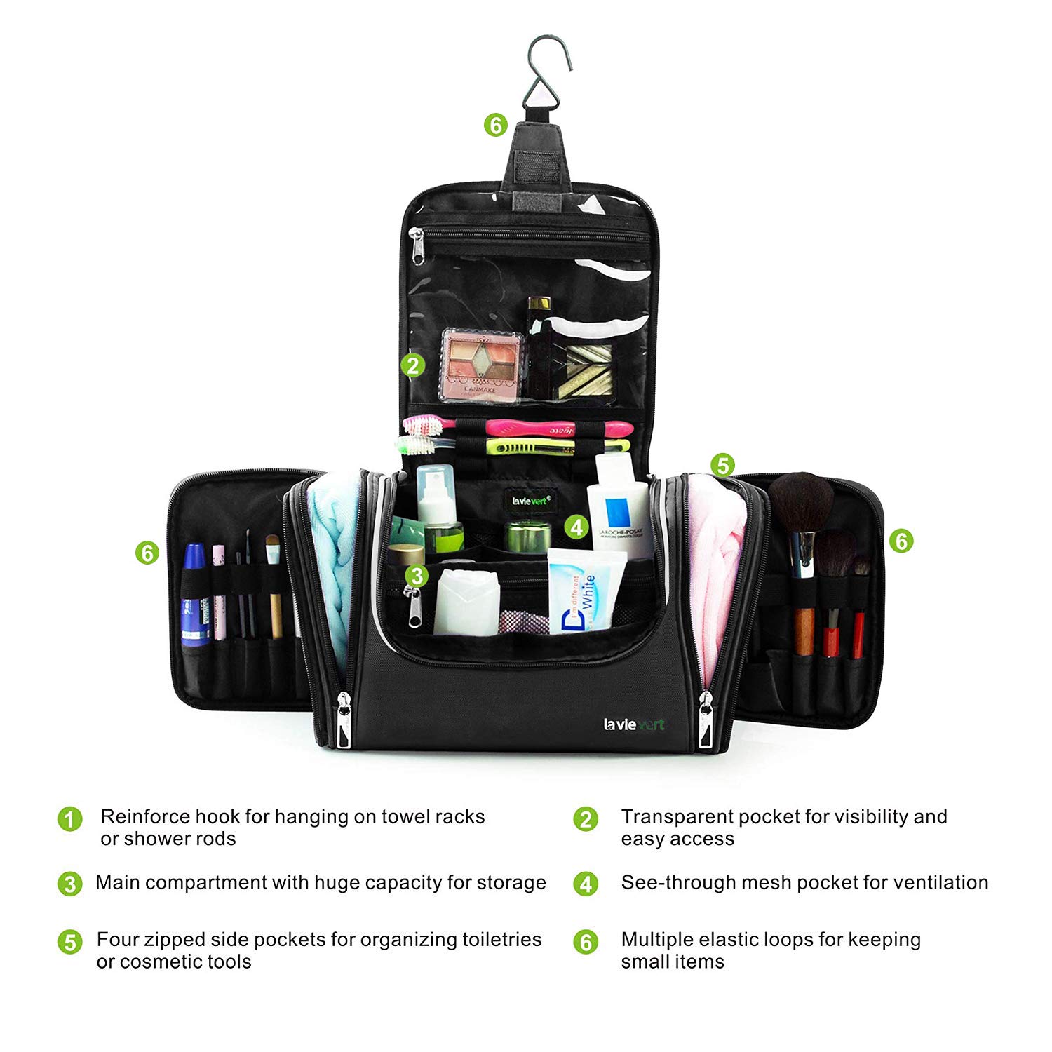 Lavievert Hanging Toiletry Bag for Travel - Waterproof Makeup Organizer & Cosmetic Storage Pouch - Portable Bathroom Essentials Bag for Business Trips, Vacation, Gym & Home Use (Black)