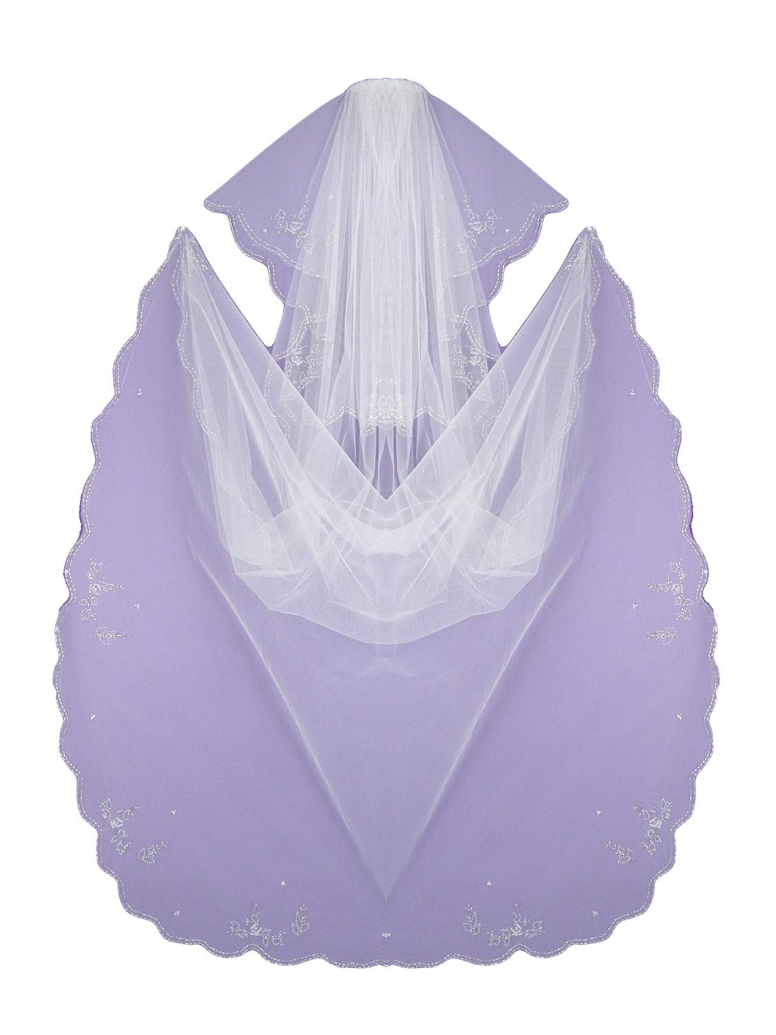 2-Tier Bead Embroidery Floral Edge Wedding Veil - 110 Inch Long Cathedral Length Bridal Veil with Rhinestone Details (Style 0025) | Perfect for Bridal Gowns, Church Weddings & Formal Ceremonies