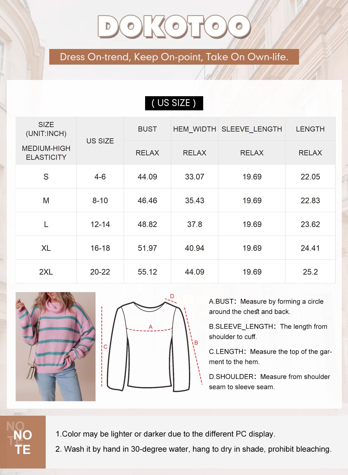 Dokotoo Women's Casual Long Sleeve Turtleneck Sweater - Striped Color Block Loose Knit Pullover Top for Fall & Winter | Perfect for Office, Travel and Daily Wear