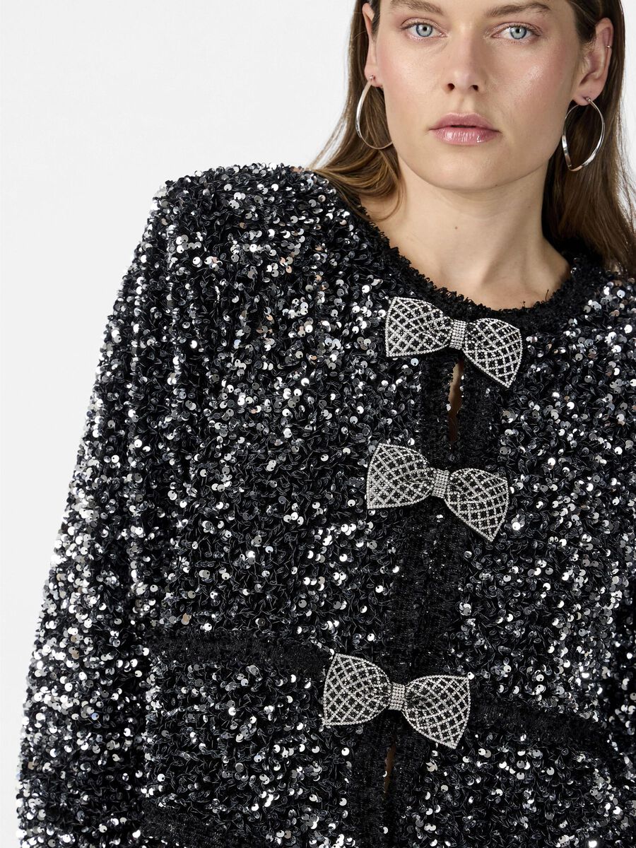 Sparkly Bow Sequin Jacket for Women - Elegant Black Party Blazer, Perfect for Evening Events, Prom, and Special Occasions