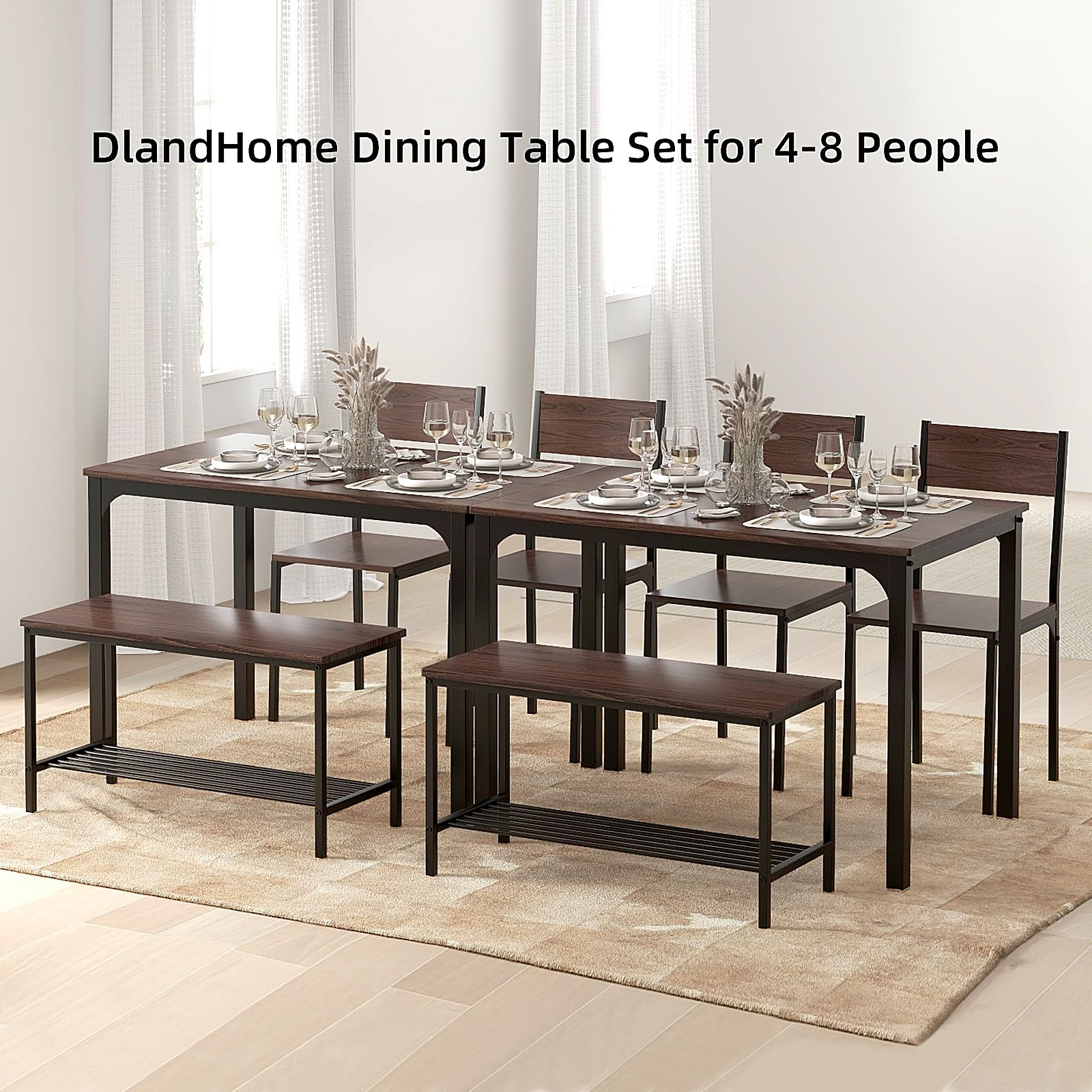DLandHome 4-Piece Rustic Oak Dining Table Set with 2 Chairs & 2 Benches - Space-Saving Rectangular Kitchen Table for Small Homes & Apartments - Perfect for Family Dinners, Breakfast Nooks & Compact Dining Spaces