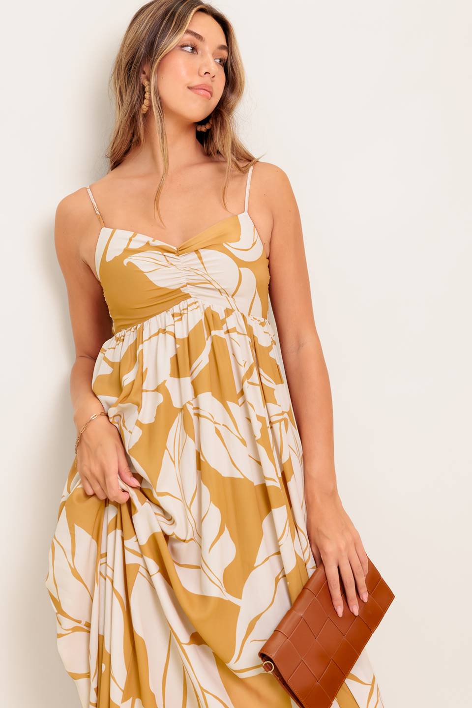 Meredith Maxi Dress with Leaf Print - Flowy Summer Dress for Women, Beach Vacation & Boho Style Outfits