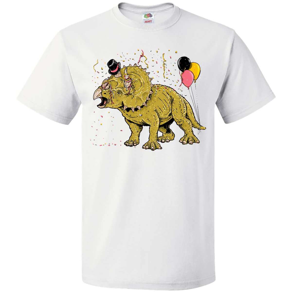 Inktastic Roaring in The New Year Triceratops Dinosaur T-Shirt with Hat & Balloons - Fun Graphic Tee for Kids & Adults, Perfect for Birthday Parties & Holiday Gifts