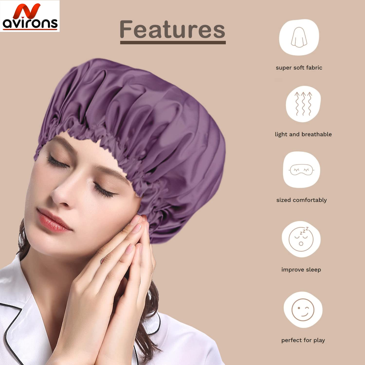 Avirons Silk Sleep Bonnet for Women - Adjustable Satin Hair Cap with Free 3 Scrunchies | Soft Silk Bonnet for Curly, Natural & Protective Hairstyles | Nighttime Hair Care for Frizz Prevention & Moisture Retention (Purple) | Perfect for Travel, Bedtime & Salon Visits