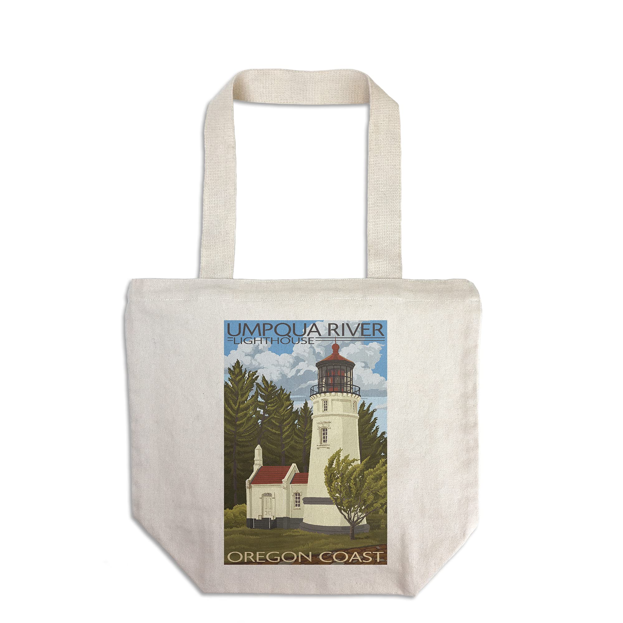 Lantern Press Umpqua River Oregon Lighthouse Tote Bag - 100% Cotton Canvas Reusable Shopping Bag for Beach, Grocery & Travel