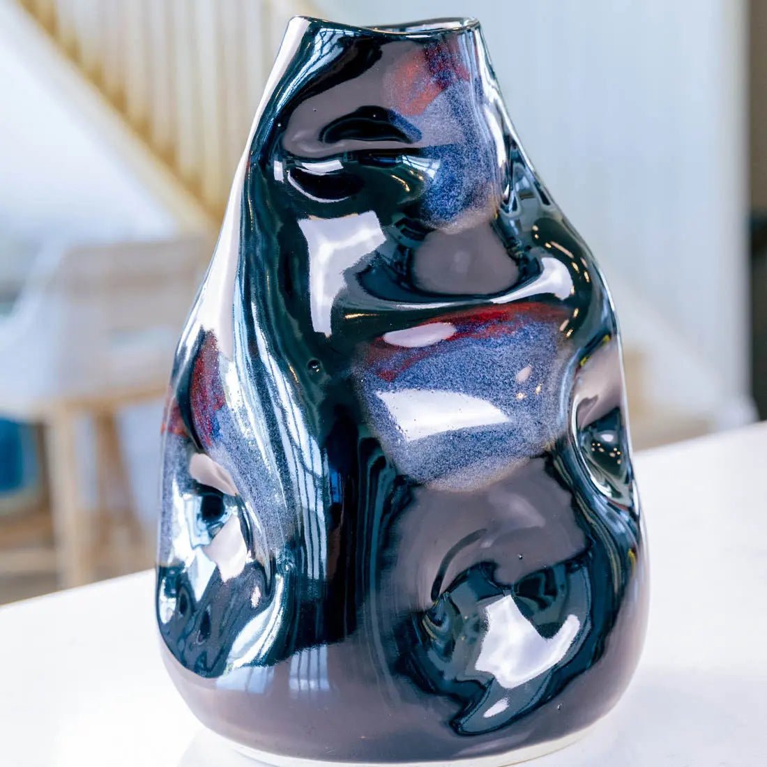 XL Stoneware Decorative Manipulated Pot - Obsidian Glaze with Burgundy & Blue Tones - Creative Collection - Perfect for Home Decor, Table Centerpiece & Gift Giving