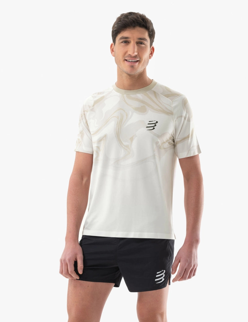 Compressport Men's Performance Short Sleeve Running Shirt - Sugar/Como Print - Moisture Wicking & Breathable Athletic Top for Marathon, Gym & Outdoor Sports