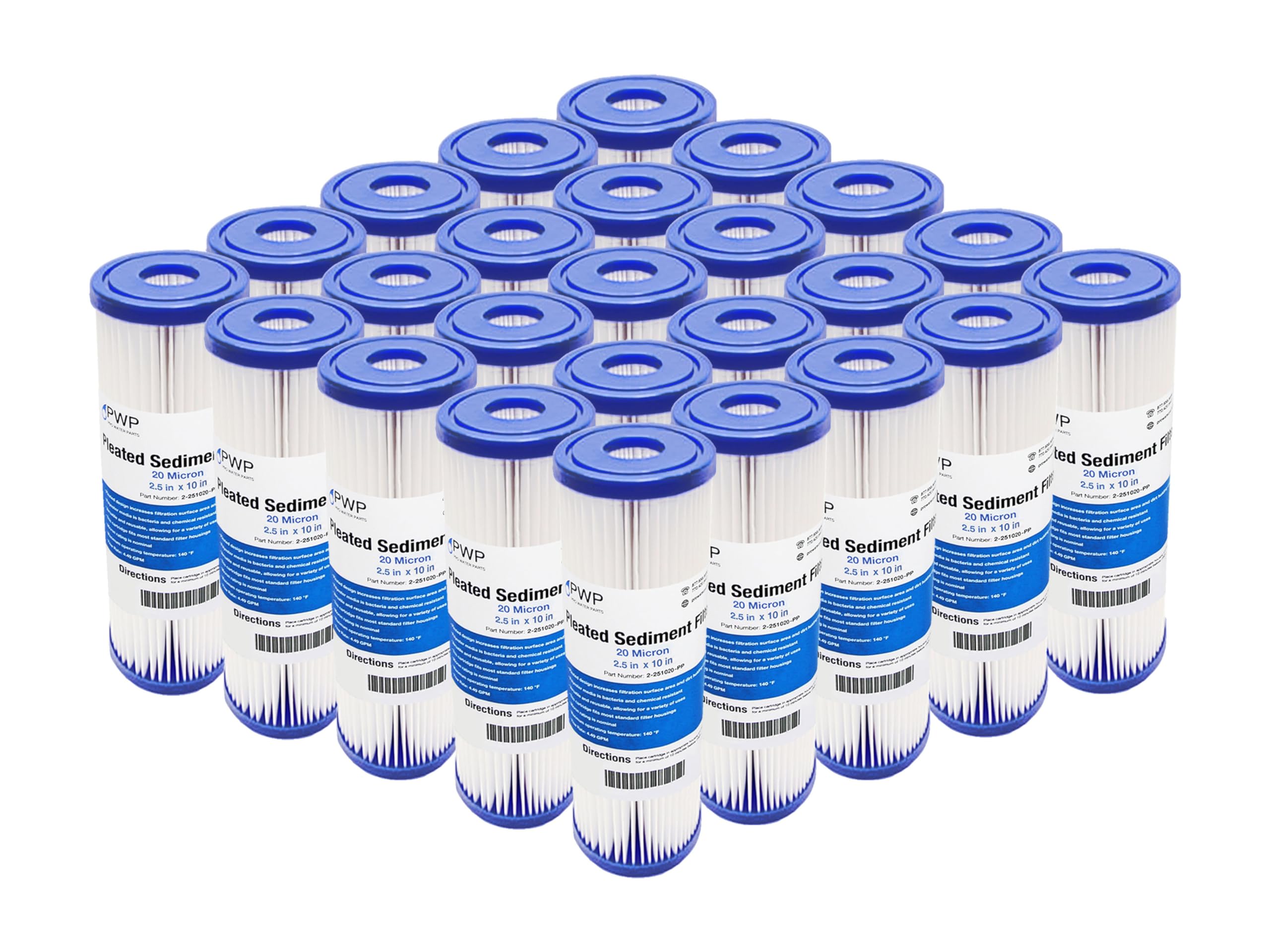10x2.5 Inch 20 Micron Pleated Polyester Sediment Water Filter Cartridge - 25 Pack | For Whole House Filtration, Well Water & RV Use