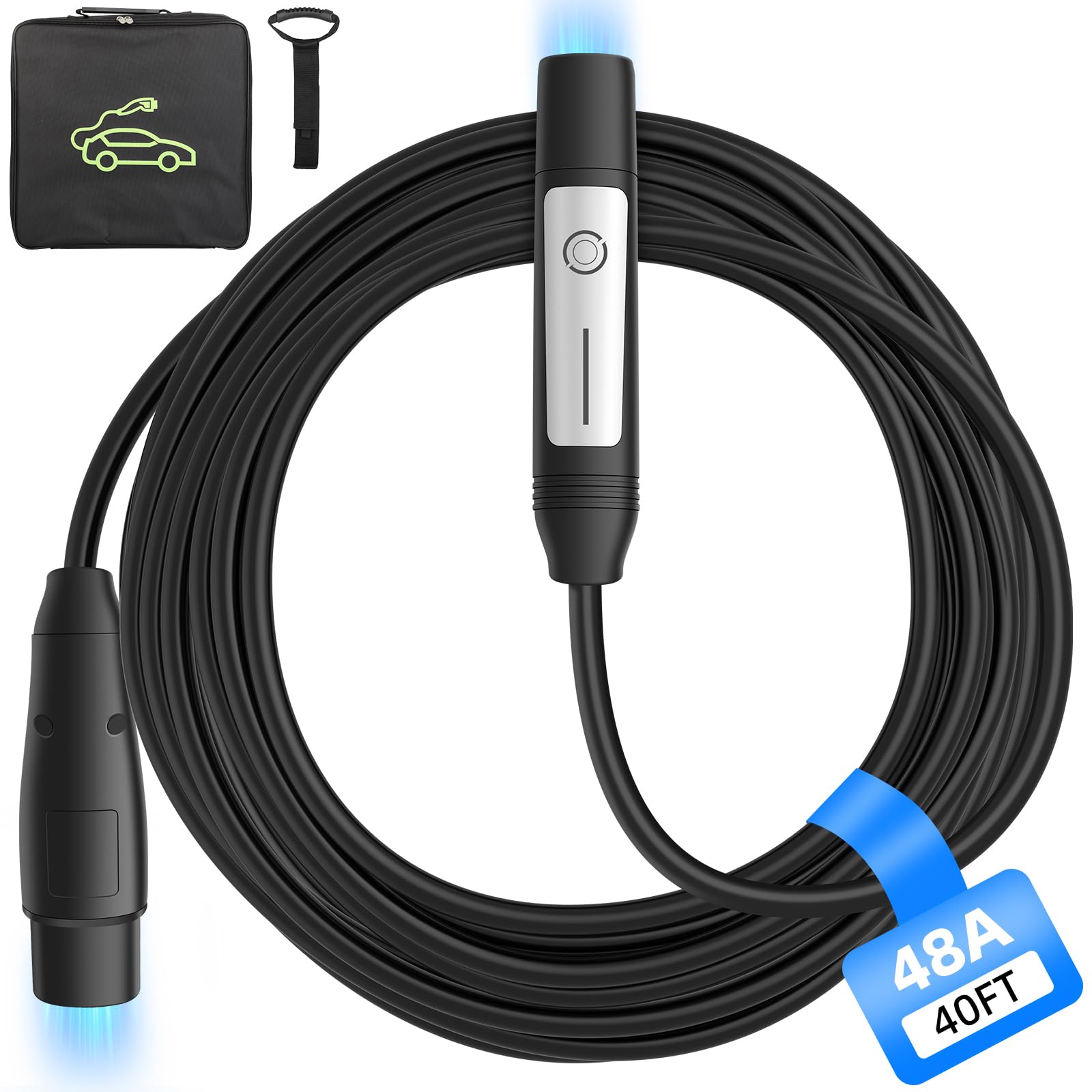 40FT Tesla Extension Cord with NACS Plug - 48Amp 110-240V Charger Cable for Model Y/X/3/S/Cybertruck - Includes Carrying Bag & Cord Organizer - Perfect for Home, Garage & Road Trip Charging