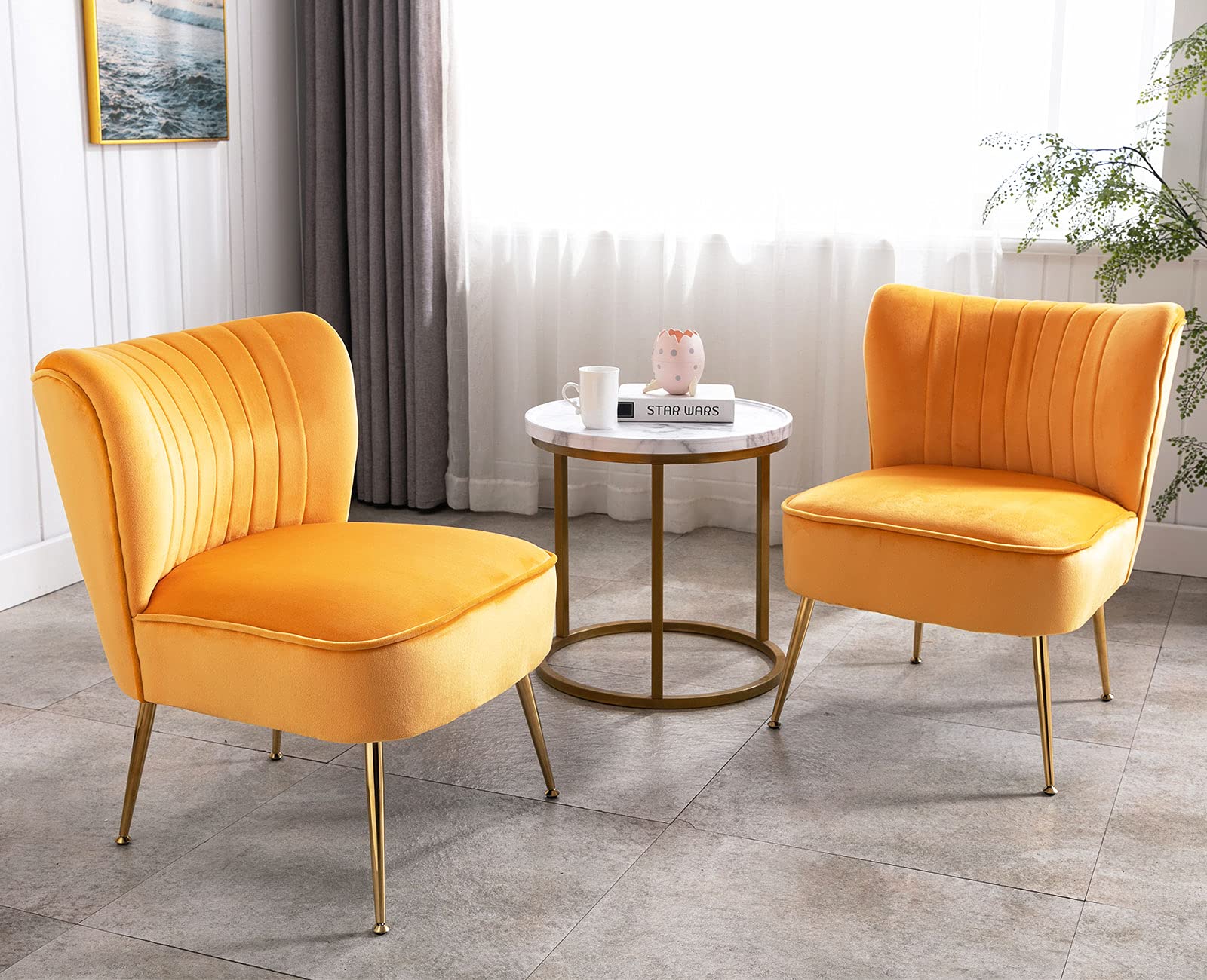 Velvet Accent Chairs Set of 2 - Mid-Century Modern Upholstered Side Chairs with Golden Legs, Armless Wingback Slipper Chairs for Living Room, Guest Room & Bedroom - Soft Yellow Comfy Seating for Home Decor