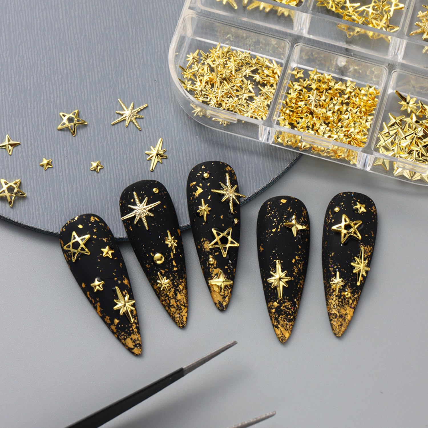Shiny Gold Star Nail Charms - Mixed Metal Star Nail Art Decorations for Acrylic Nails, DIY Manicure Supplies - Perfect for Women's Nail Art, Party Nails, Salon Decor & Gift Ideas