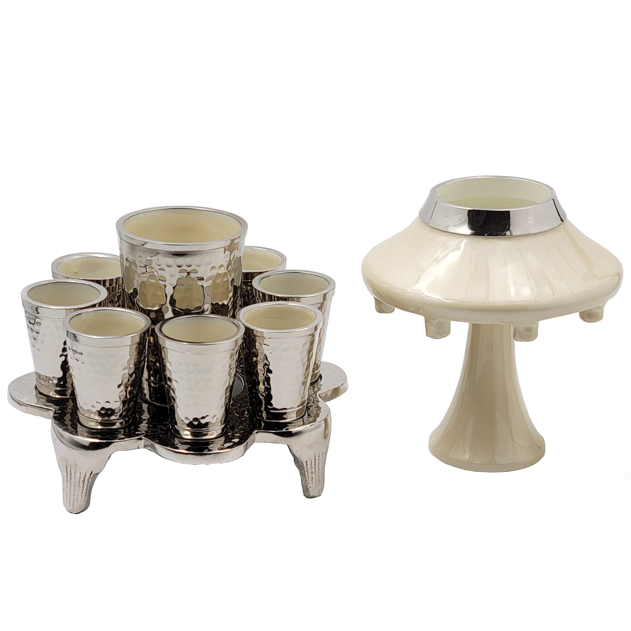 Modern Hand-Painted Enamel Dreidel Wine Fountain Kiddush Cup Set - Removable Fountain for 8 Cups, Family Serving Plate for Shabbat & Jewish Holidays (Beige/Silver) - Perfect for Family Gatherings, Holiday Celebrations & Religious Ceremonies