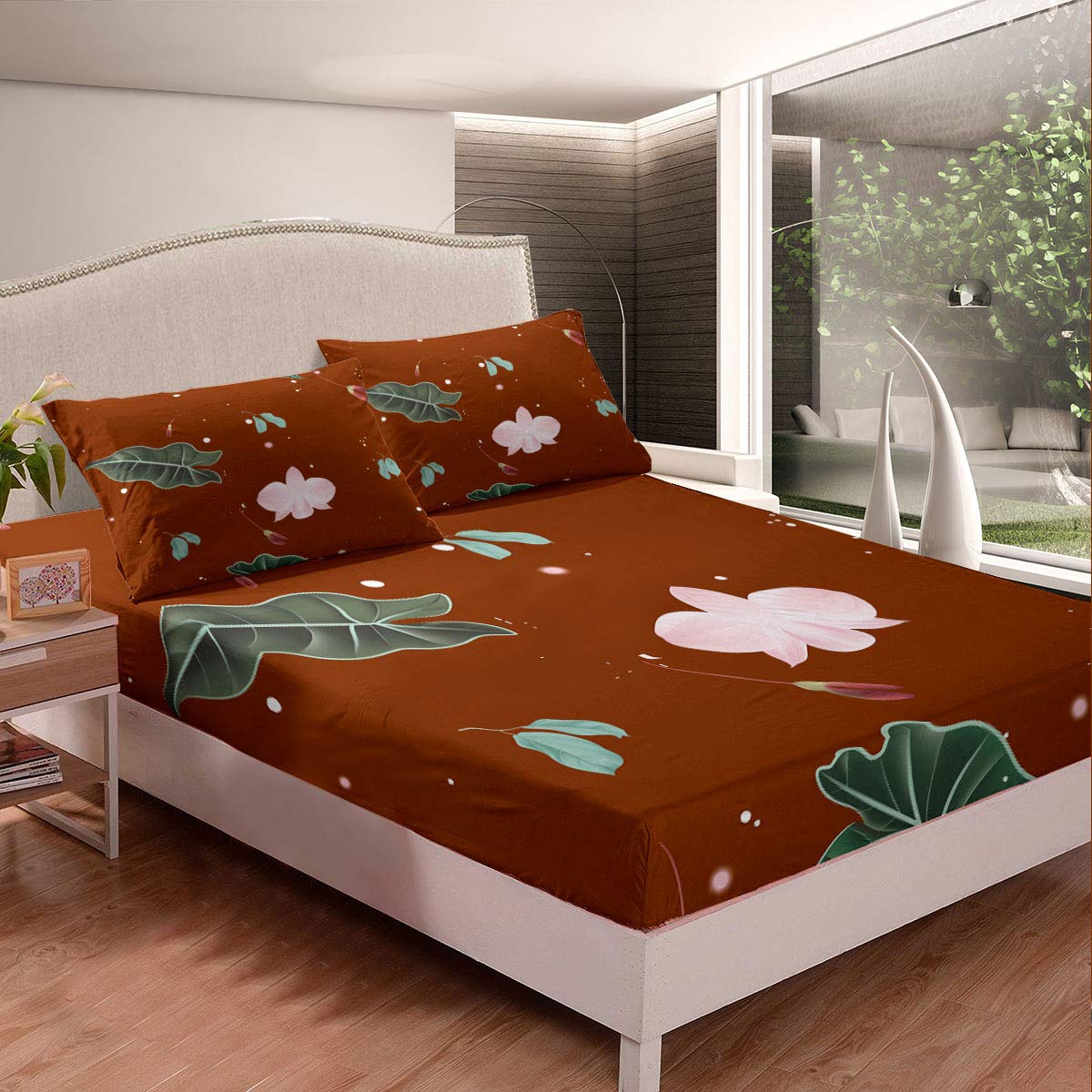 Lotus Leaf Brown Bed Sheet Set - Ultra Soft Deep Pocket Queen Size (3pc: Fitted Sheet + 2 Pillowcases) for Kids & Adults | Eco-Friendly Plant-Based Bedding | Perfect for Nursery, Guest Room & Master Bedroom