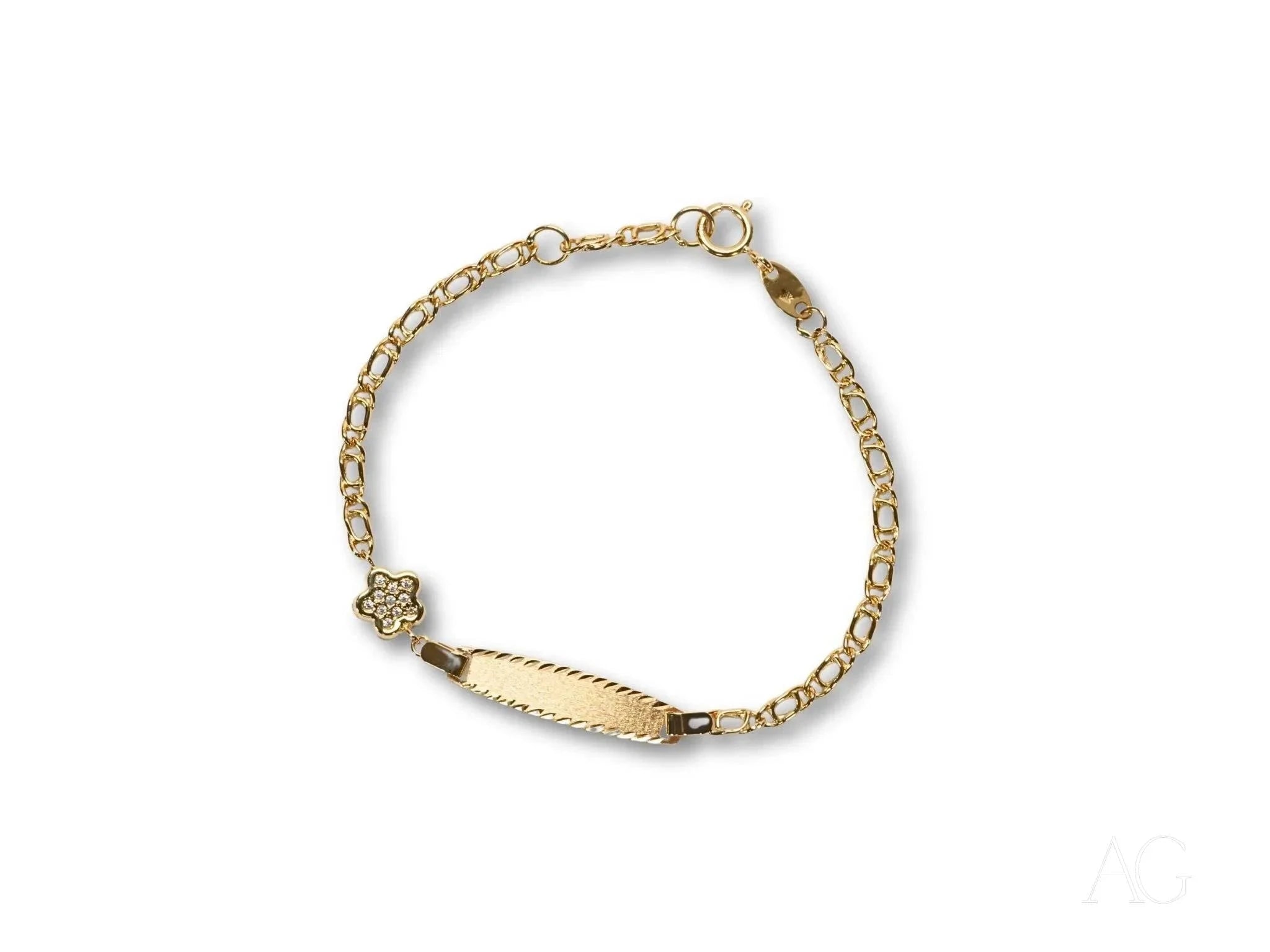 18K Gold Kids ID Bracelet with Floral Motif & Spring Ring Lock - Personalized Name Jewelry Gift for Girls & Boys, Birthday & Special Occasions